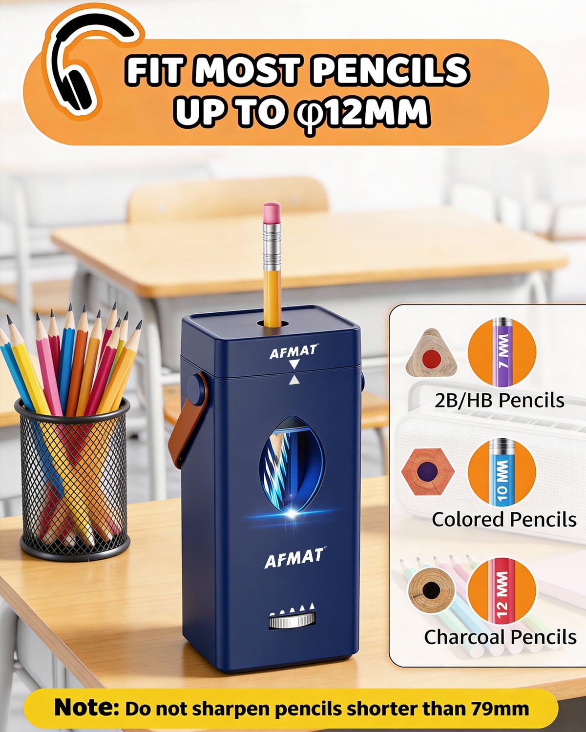 AFMAT Newly Upgraded PSC7 Electric Fully Automatic Pencil Sharpener,3X Longer Cutter Life,for 6-12mm No.2/Jumbo/Colored Pencils Pencils, Auto in & Out, 5 Sharpness Modes, Rechargeable Heavy Duty Sharpeners for Classroom Home Office PSC7RD