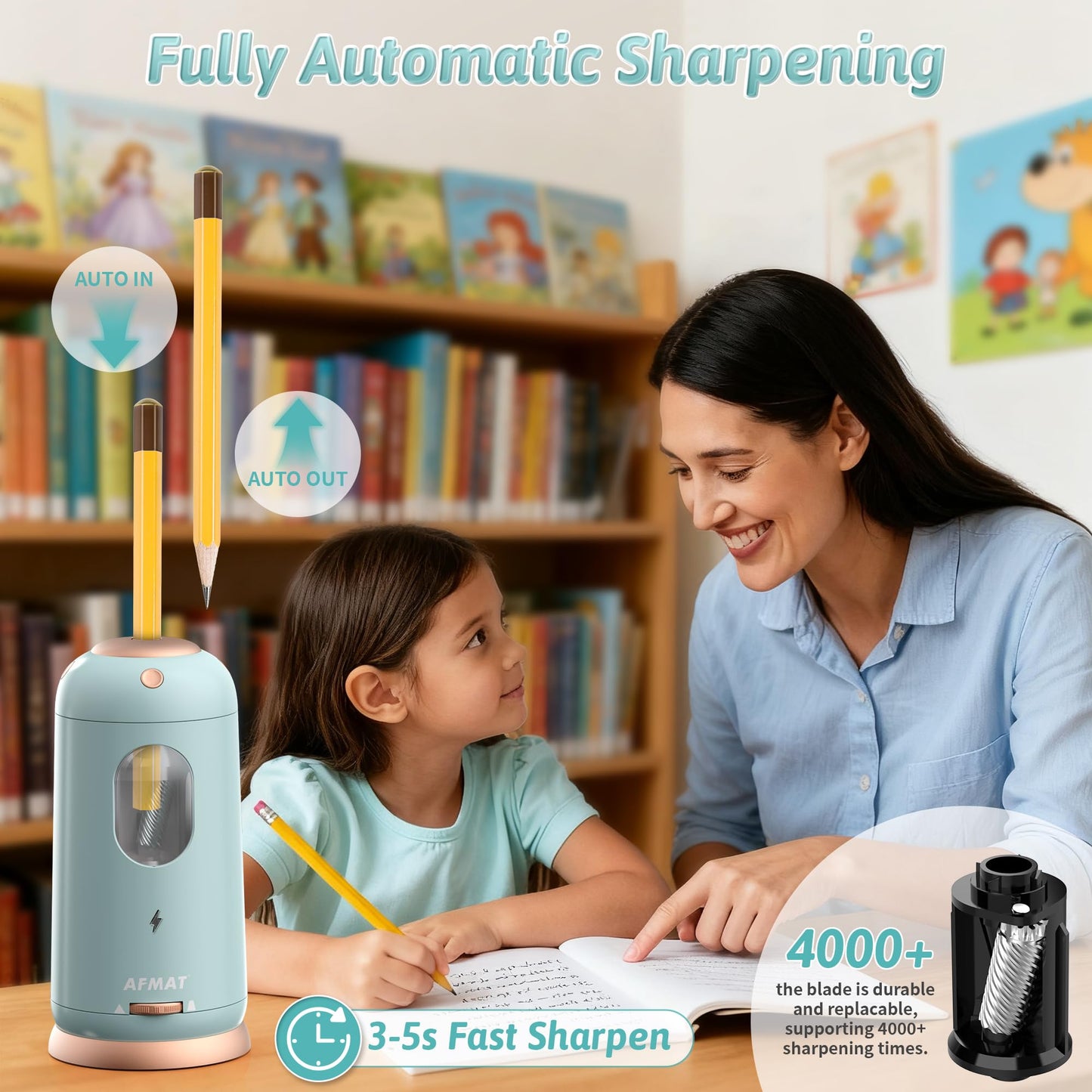 AFMAT Electric Pencil Sharpener, Auto in & Out, Fully Automatic Pencil Sharpener, Rechargeable Hands-Free Sharpeners for Jumbo & Colored Pencils (7-11.5mm), Good for Classroom/Home/Office, Model:PSC8(Black)