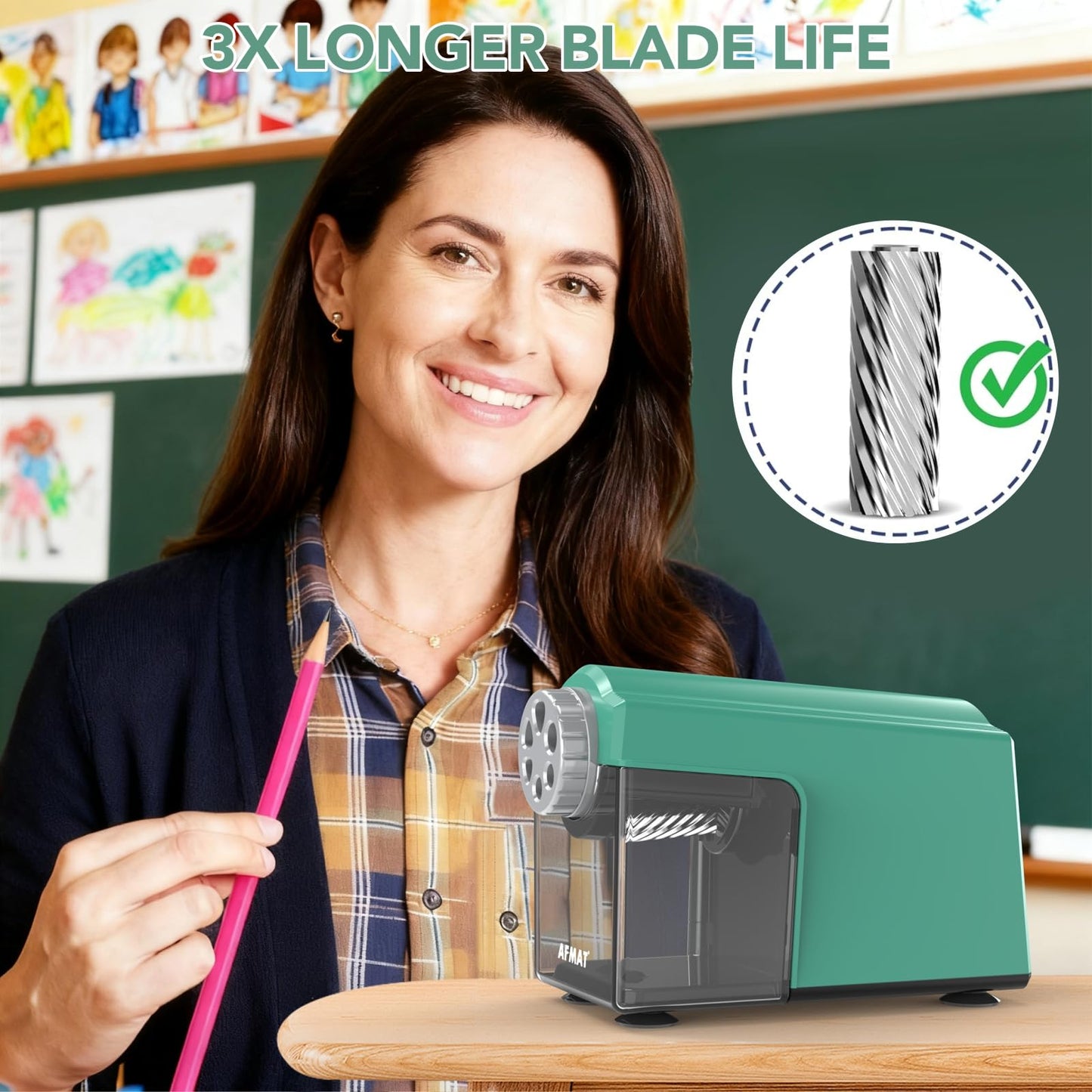 AFMAT Electric Pencil Sharpener Heavy Duty, 6 Holes, Super Fast, Auto Stop & Save Pencils, 10000 Sharpening Times, Rechargeable Classroom Pencil Sharpener for 6-11mm No.2/Large/Colored Pencils, Model:PSD4(Black)