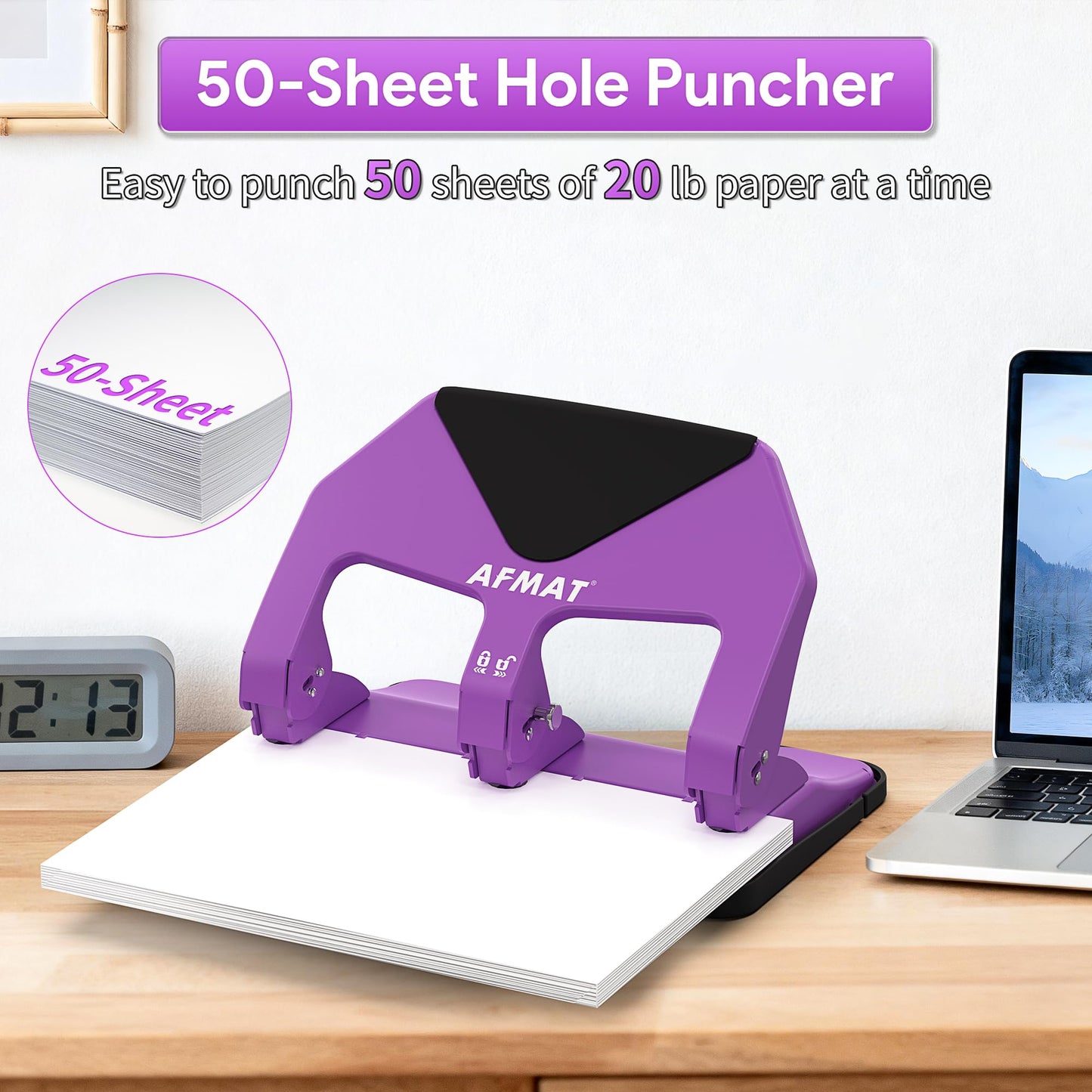 AFMAT HP20 Heavy Duty 3 Hole Punch, 60% Reduced Effort, 50-Sheet 3 Hole Puncher for Binder, 10,000+ Uses, Metal Three Hole Punch for Home Office School, w/Large Chip Tray, Paper Guide(Gray)