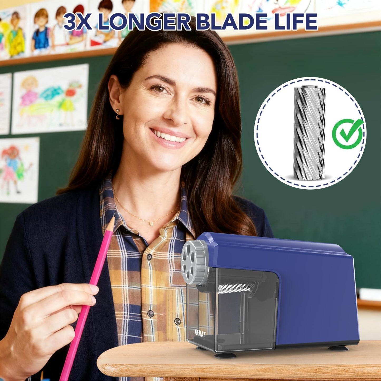 AFMAT Electric Pencil Sharpener Heavy Duty, 6 Holes, Super Fast, Auto Stop & Save Pencils, 10000 Sharpening Times, Rechargeable Classroom Pencil Sharpener for 6-11mm No.2/Large/Colored Pencils, Model:PSD4(Black)