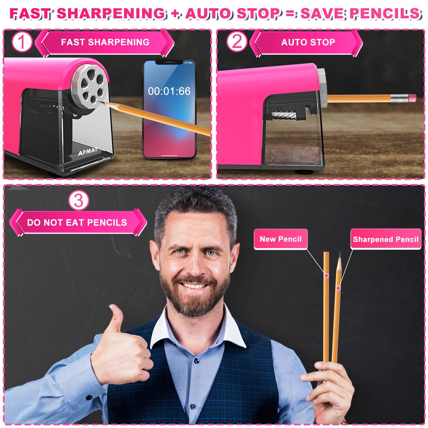 AFMAT PSX2 6 Holes Durable Heavy Duty Electric Pencil Sharpener,Auto Stop Pencil Sharpeners for 6-11mm Colored Pencils,PSX2PK