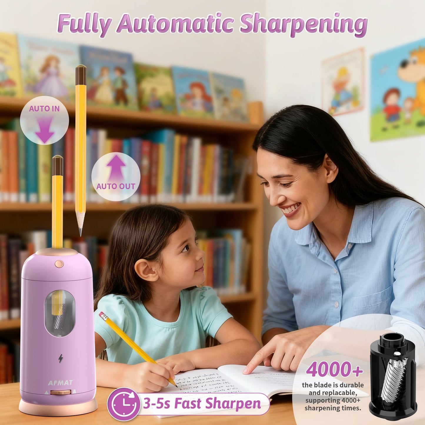 AFMAT Electric Pencil Sharpener, Auto in & Out, Fully Automatic Pencil Sharpener, Rechargeable Hands-Free Sharpeners for Jumbo & Colored Pencils (7-11.5mm), Good for Classroom/Home/Office, Model:PSC8(Black)