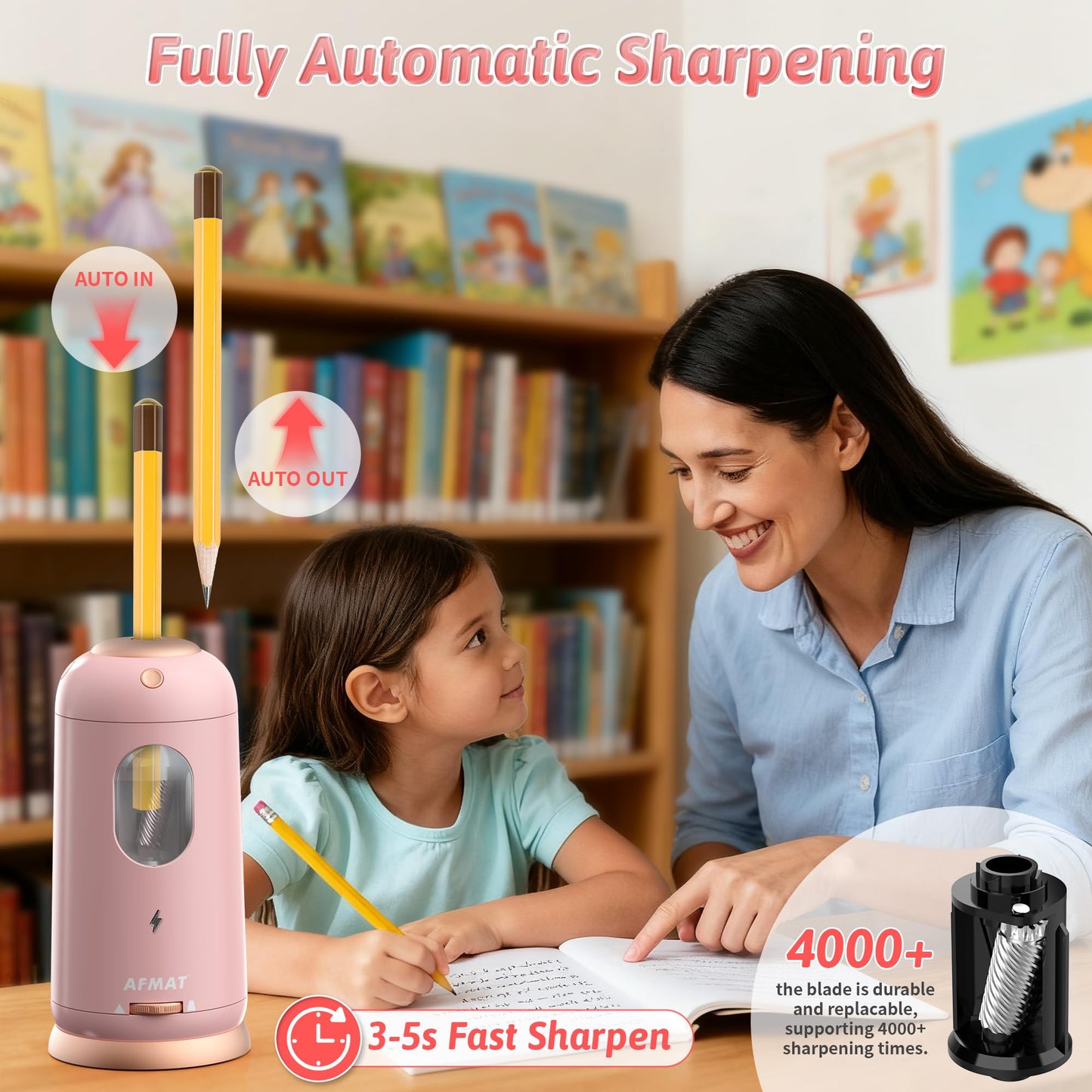 AFMAT Electric Pencil Sharpener, Auto in & Out, Fully Automatic Pencil Sharpener, Rechargeable Hands-Free Sharpeners for Jumbo & Colored Pencils (7-11.5mm), Good for Classroom/Home/Office, Model:PSC8(Black)
