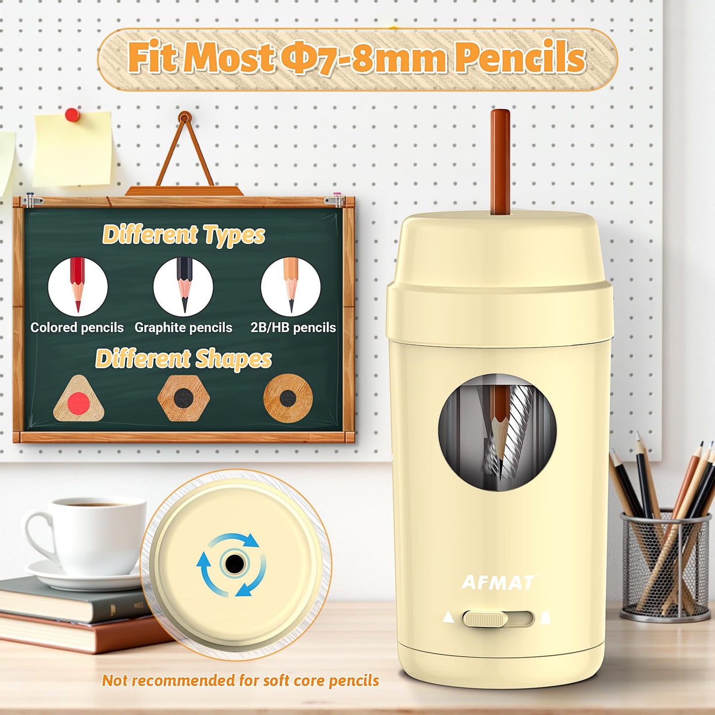 AFMAT Electric Pencil Sharpener, Auto in & Out, Fully Automatic Pencil Sharpener for Colored Pencils, Rechargeable Hands-Free Sharpeners for φ7-8mm Pencils, Good for Classroom/Home PSX8(Black)