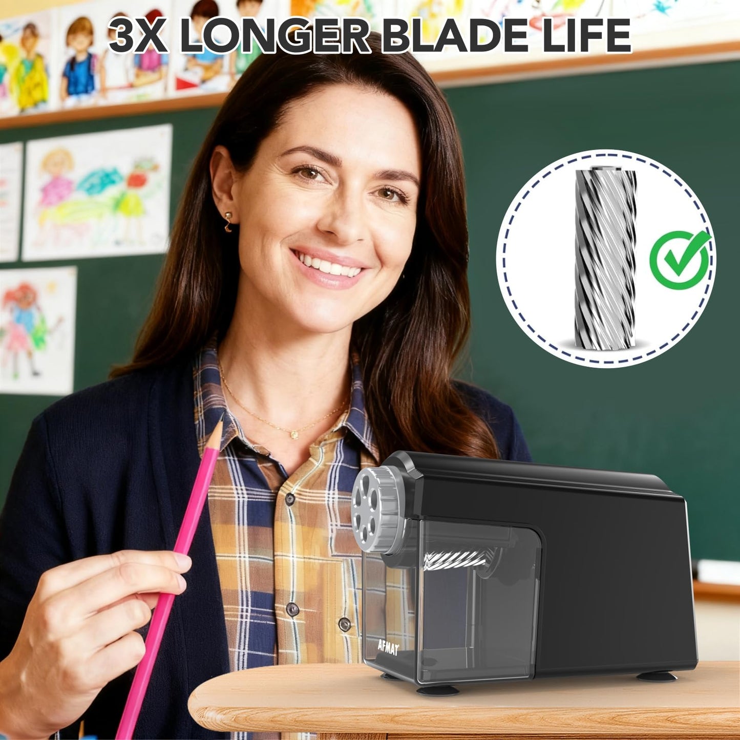 AFMAT Electric Pencil Sharpener Heavy Duty, 6 Holes, Super Fast, Auto Stop & Save Pencils, 10000 Sharpening Times, Rechargeable Classroom Pencil Sharpener for 6-11mm No.2/Large/Colored Pencils, Model:PSD4(Black)