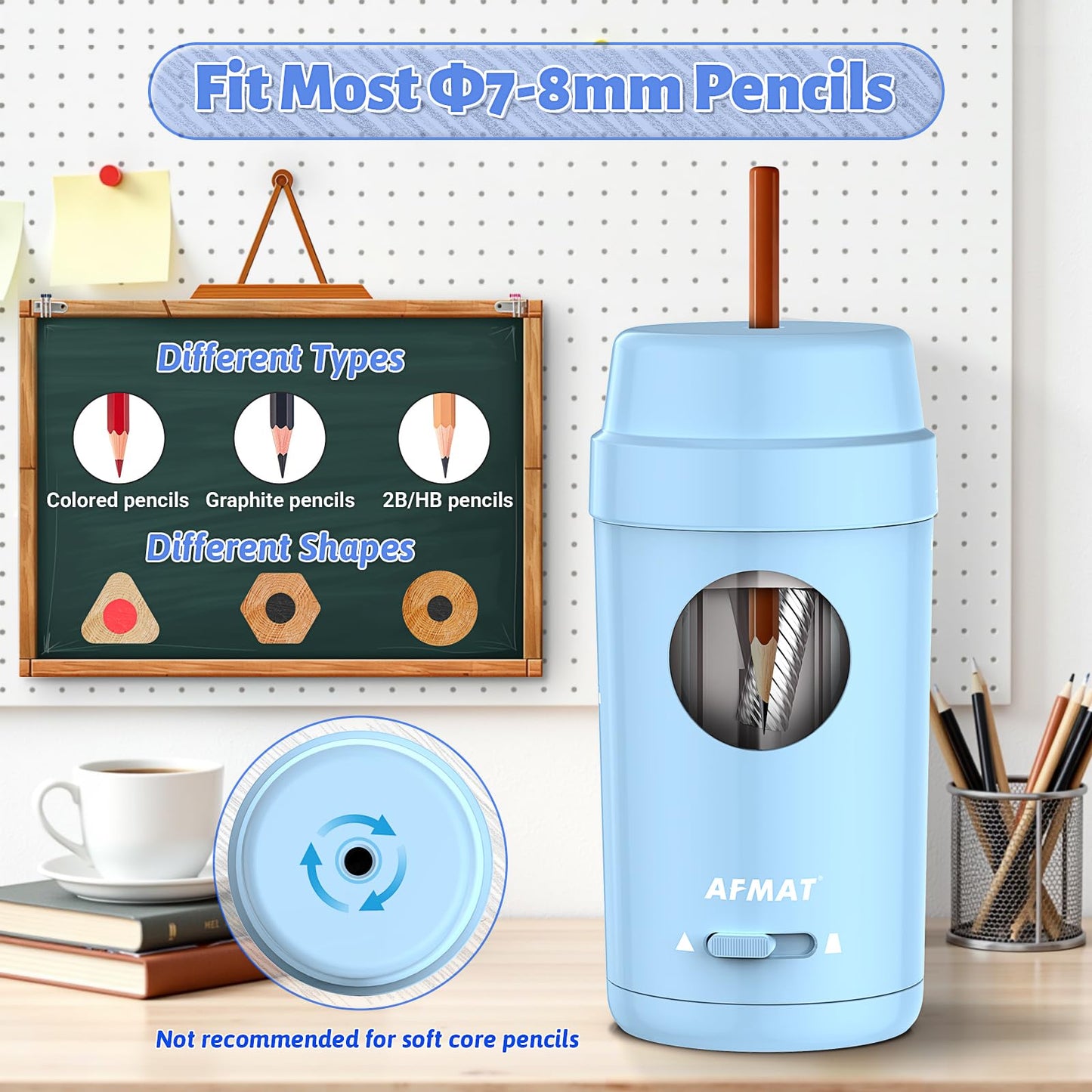 AFMAT Electric Pencil Sharpener, Auto in & Out, Fully Automatic Pencil Sharpener for Colored Pencils, Rechargeable Hands-Free Sharpeners for φ7-8mm Pencils, Good for Classroom/Home PSX8(Black)