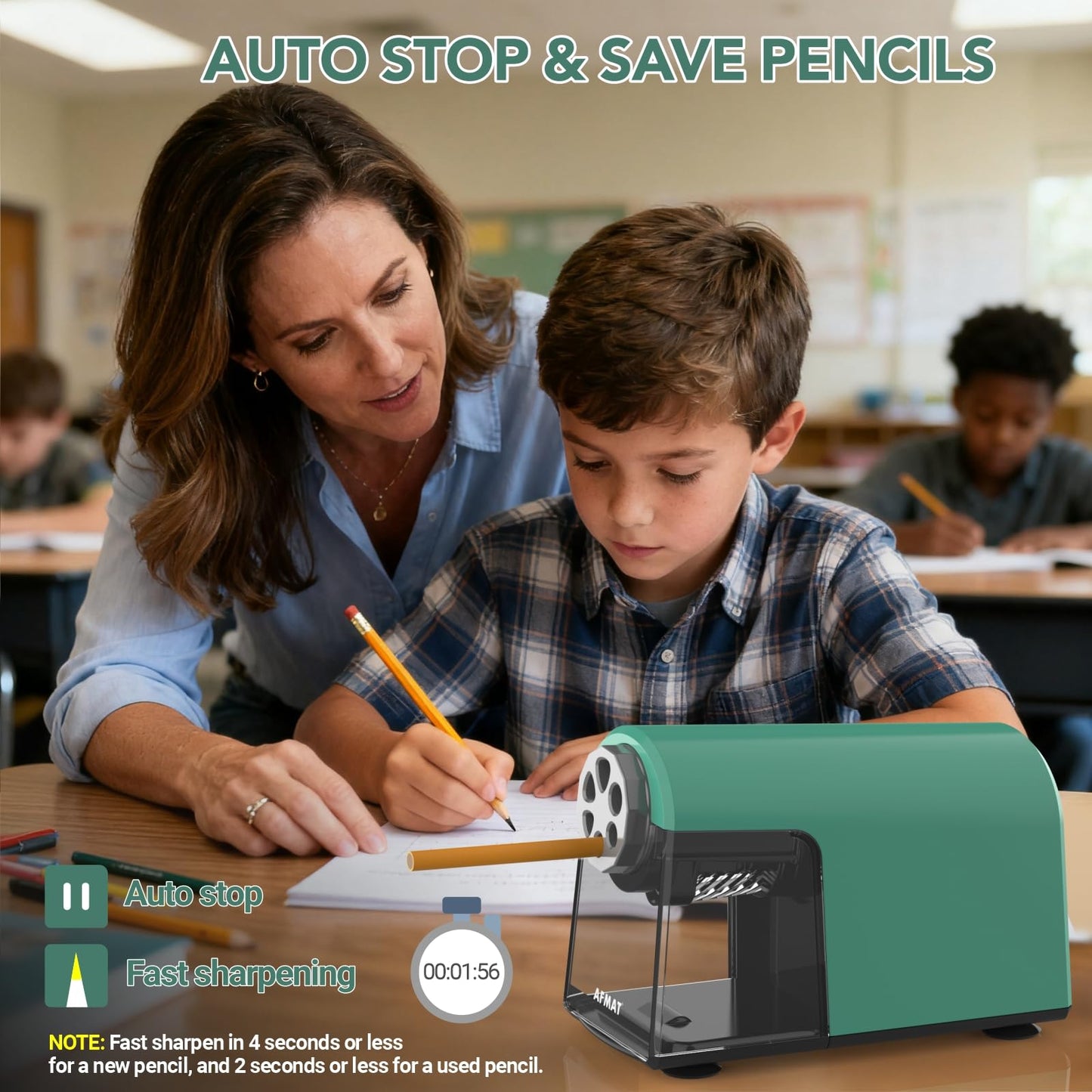 AFMAT 6-Hole Electric Pencil Sharpener Heavy Duty, Fast Sharpen, Auto Stop & Save Pencils, 10000 Sharpening Times, Rechargeable Classroom Pencil Sharpener for 6-11mm No.2/Large/Colored Pencils,Model:PSD2(Purple)