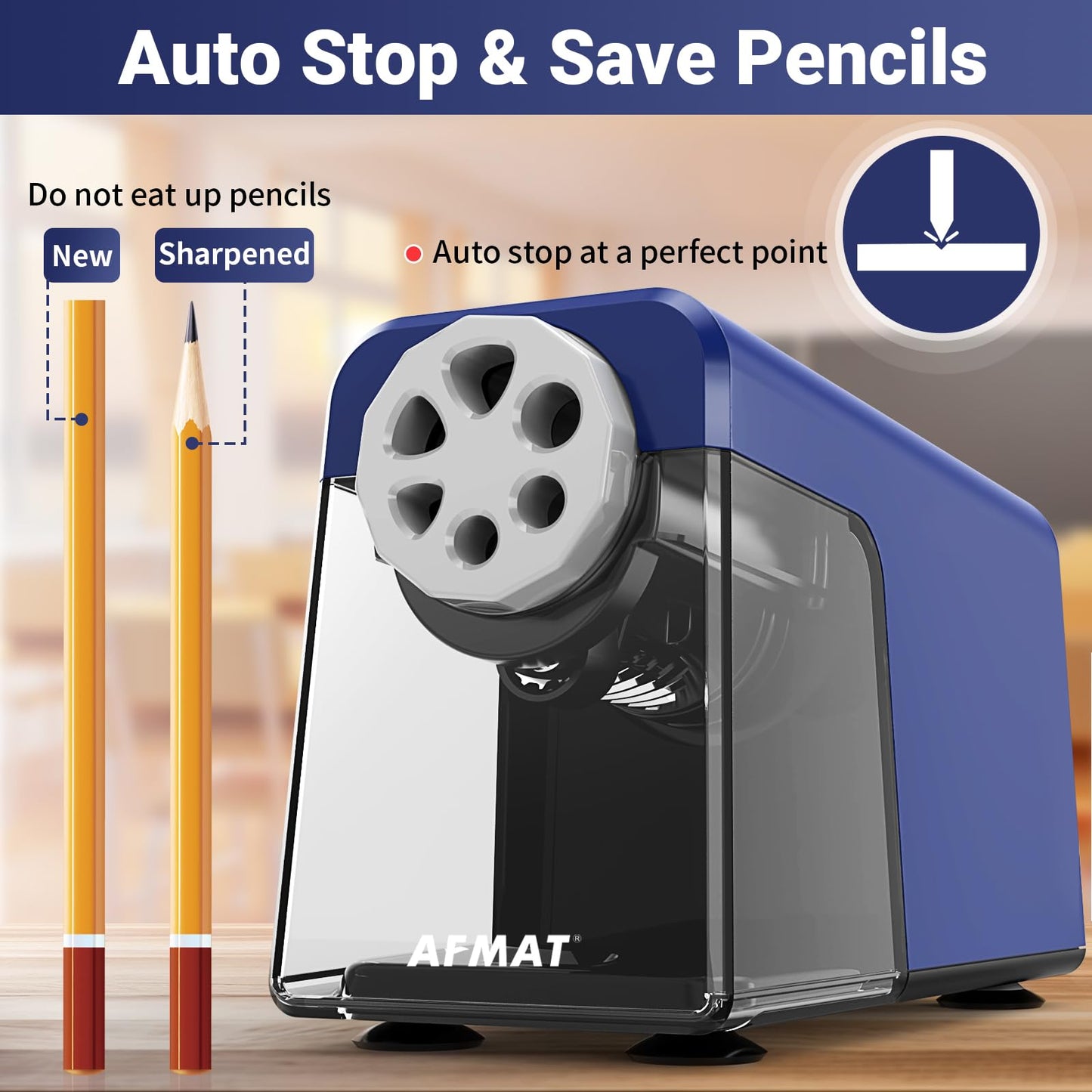 AFMAT 6-Hole Electric Pencil Sharpener Heavy Duty, Auto Stop Classroom Pencil Sharpener for 6-11mm Pencils, Rechargeable Pencil Sharpeners for School, 10,000+ Sharpenings, Save Pencils, Model:PSD1(Purple)