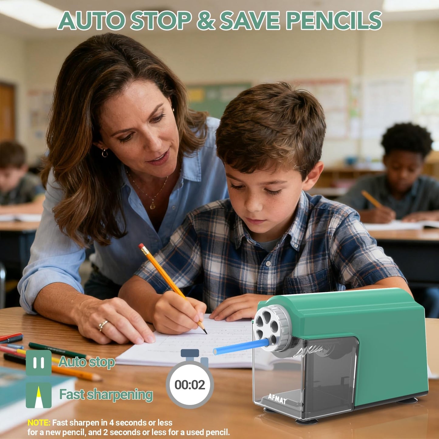 AFMAT Electric Pencil Sharpener Heavy Duty, 6 Holes, Super Fast, Auto Stop & Save Pencils, 10000 Sharpening Times, Rechargeable Classroom Pencil Sharpener for 6-11mm No.2/Large/Colored Pencils, Model:PSD4(Black)