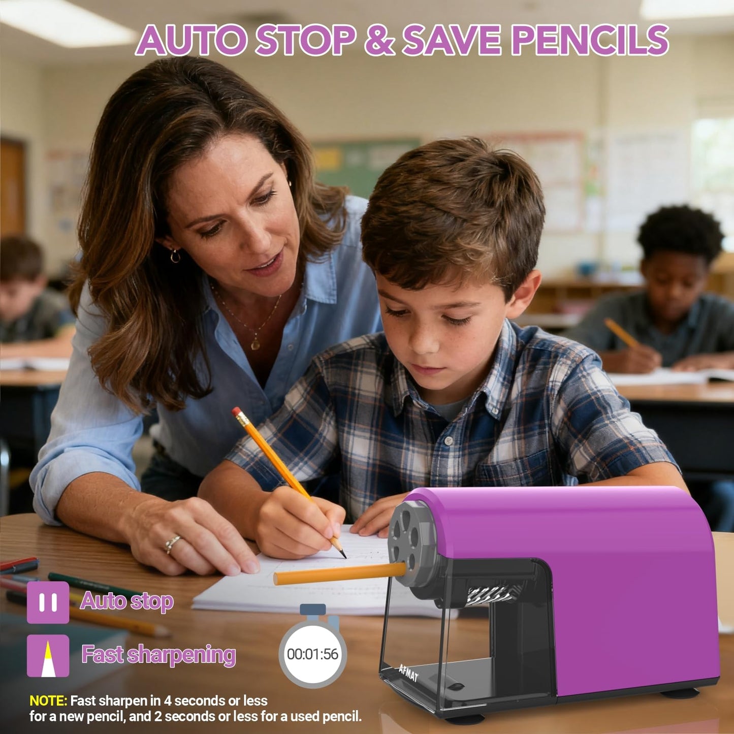 AFMAT 6-Hole Electric Pencil Sharpener Heavy Duty, Fast Sharpen, Auto Stop & Save Pencils, 10000 Sharpening Times, Rechargeable Classroom Pencil Sharpener for 6-11mm No.2/Large/Colored Pencils,Model:PSD2(Purple)