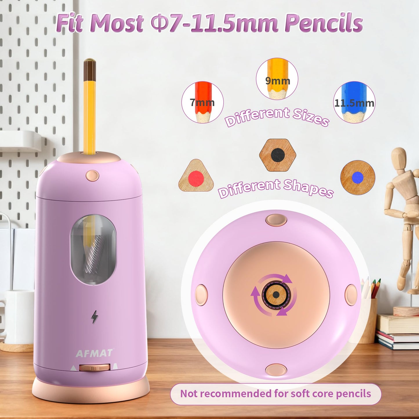 AFMAT Electric Pencil Sharpener, Auto in & Out, Fully Automatic Pencil Sharpener, Rechargeable Hands-Free Sharpeners for Jumbo & Colored Pencils (7-11.5mm), Good for Classroom/Home/Office, Model:PSC8(Black)