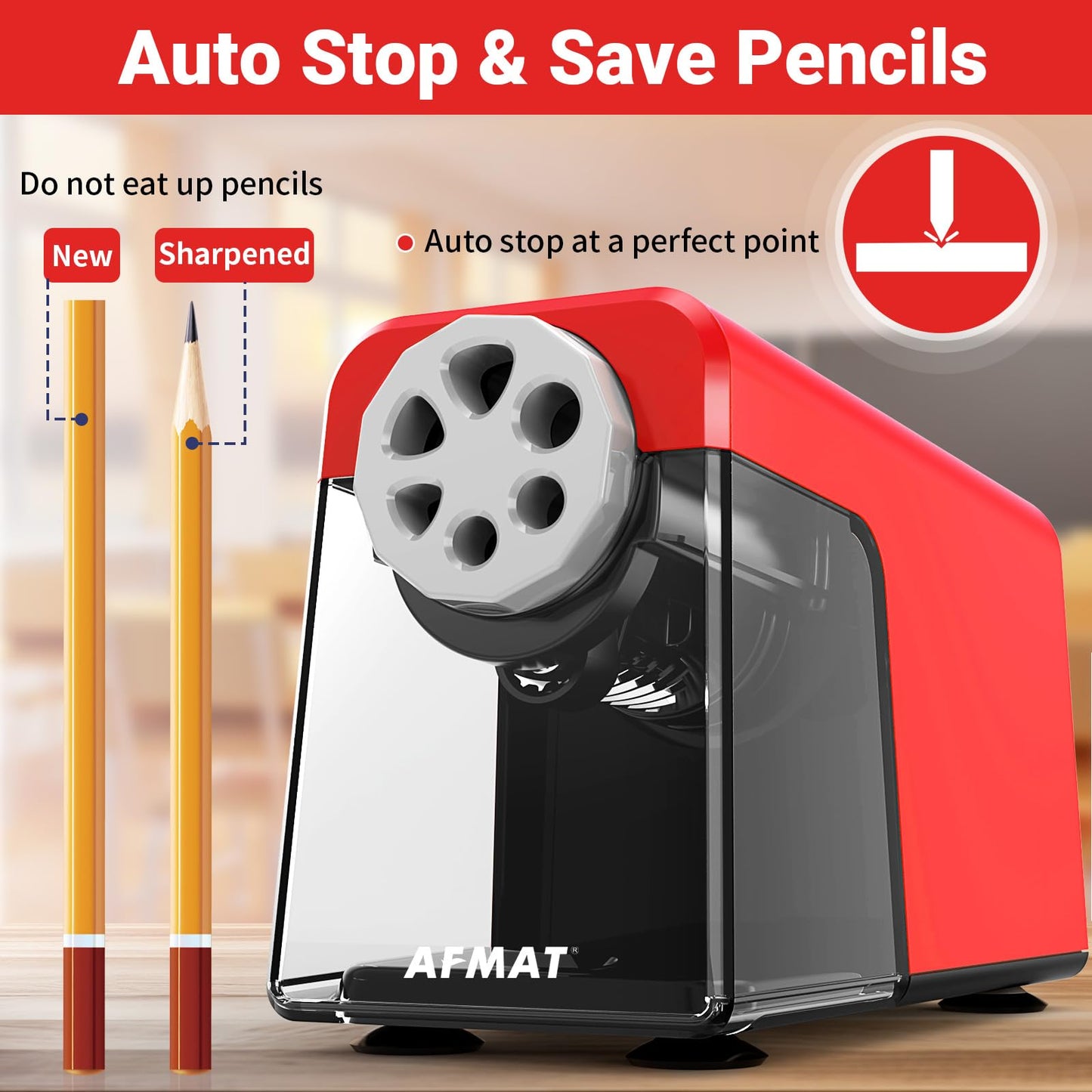 AFMAT PSD1 Super Durable Rechargeable 6-Hole Heavy Duty Electric Pencil Sharpener for 6-11mm Pencils, Upgraded Durable Blades 10,000+ Sharpenings,PSD1RD