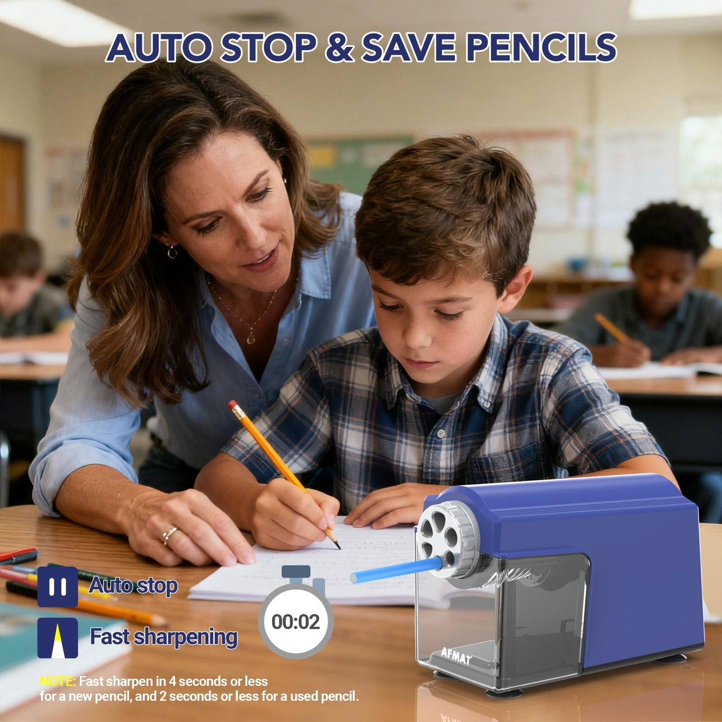 AFMAT Electric Pencil Sharpener Heavy Duty, 6 Holes, Super Fast, Auto Stop & Save Pencils, 10000 Sharpening Times, Rechargeable Classroom Pencil Sharpener for 6-11mm No.2/Large/Colored Pencils, Model:PSD4(Black)