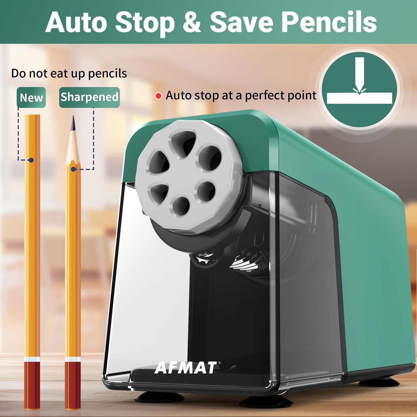 AFMAT 6-Hole Electric Pencil Sharpener Heavy Duty, Auto Stop Classroom Pencil Sharpener for 6-11mm Pencils, Rechargeable Pencil Sharpeners for School, 10,000+ Sharpenings, Save Pencils, Model:PSD1(Purple)
