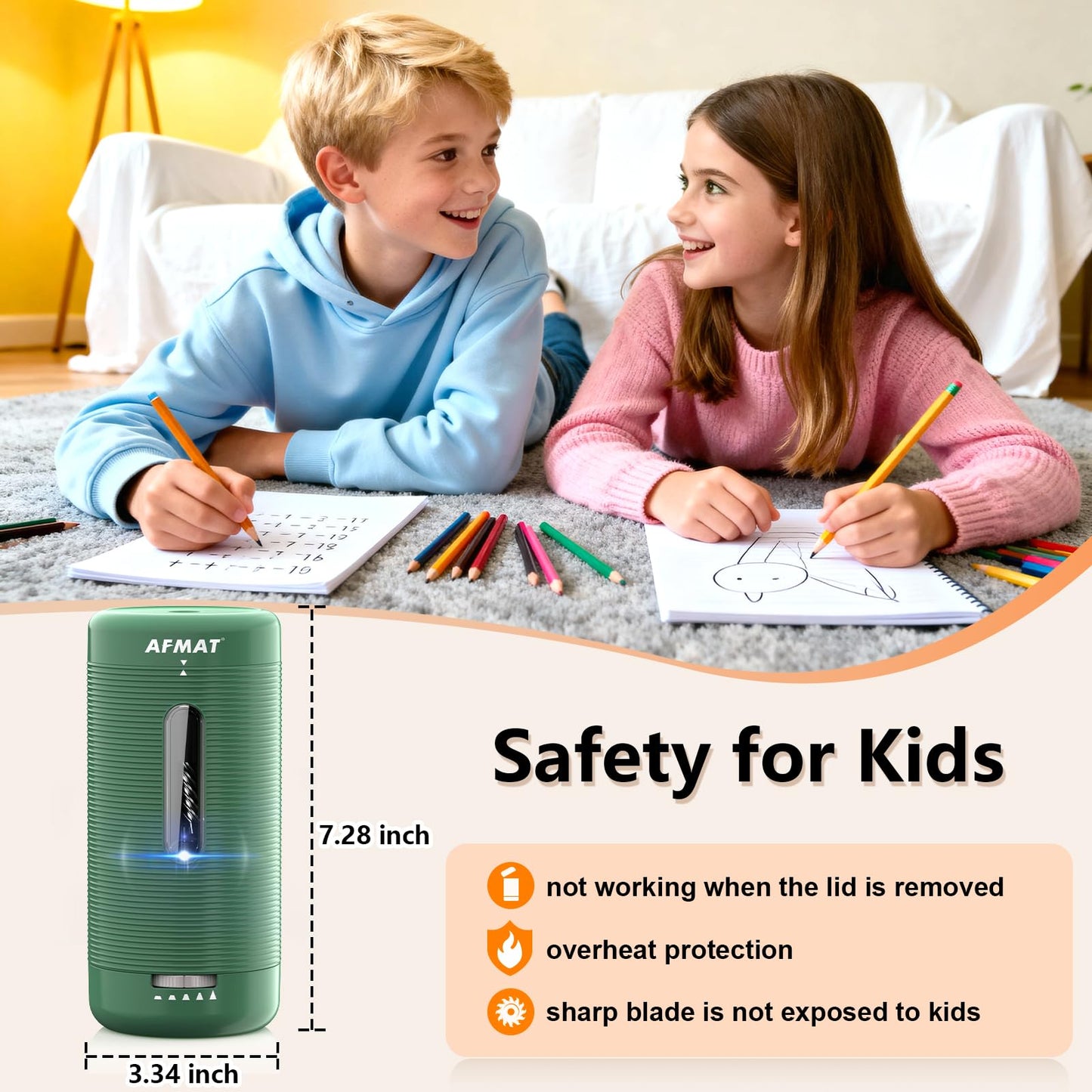 AFMAT PSC2 Electric Fully Automatic Pencil Sharpener, Auto in & Out, Rechargeable Hands-Free Sharpeners for Jumbo & Colored Pencils (6.5-12mm)