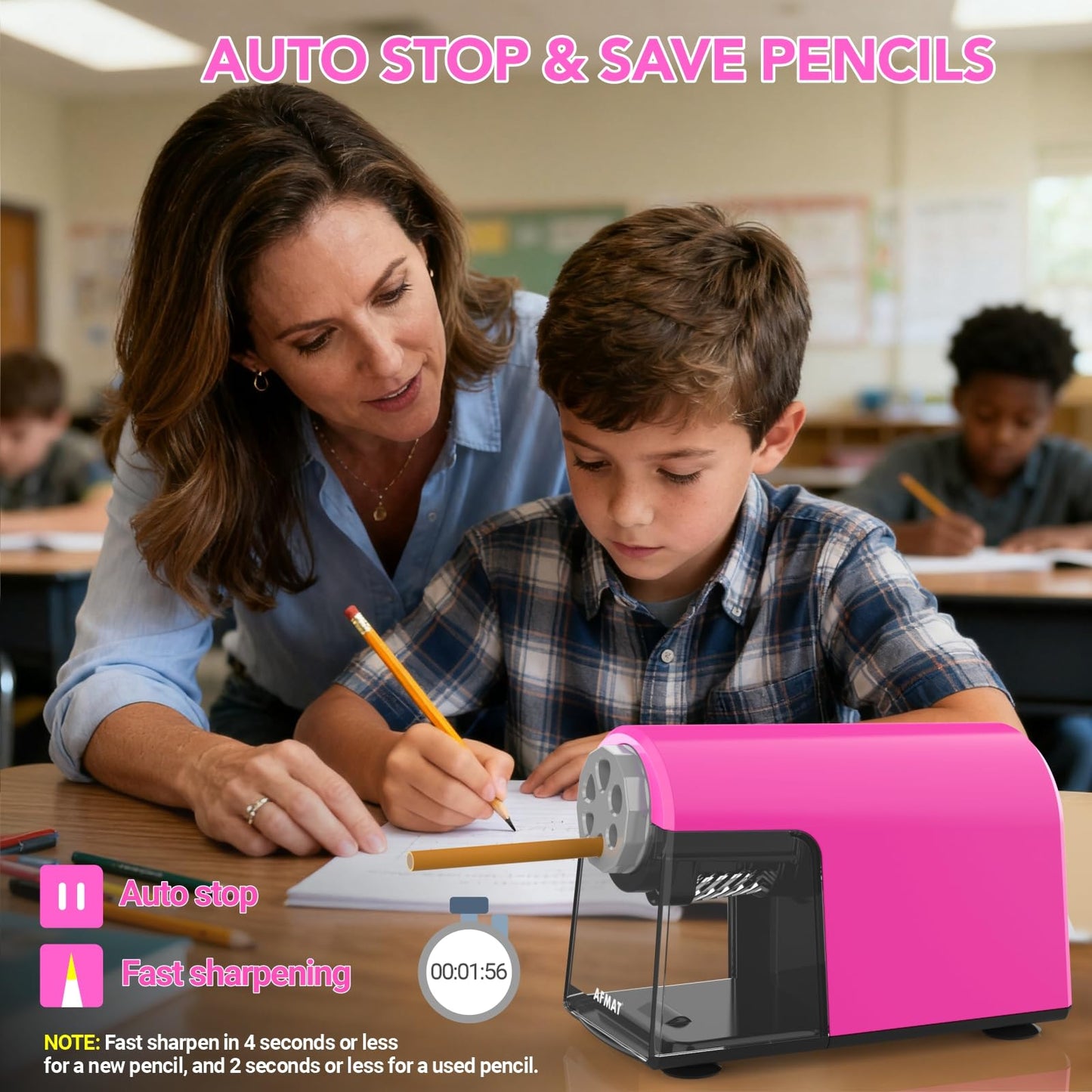 AFMAT 6-Hole Electric Pencil Sharpener Heavy Duty, Fast Sharpen, Auto Stop & Save Pencils, 10000 Sharpening Times, Rechargeable Classroom Pencil Sharpener for 6-11mm No.2/Large/Colored Pencils,Model:PSD2(Purple)