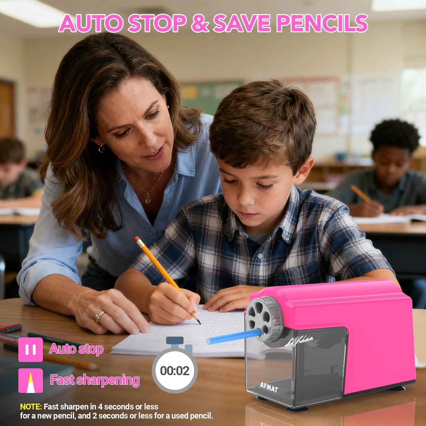 AFMAT Electric Pencil Sharpener Heavy Duty, 6 Holes, Super Fast, Auto Stop & Save Pencils, 10000 Sharpening Times, Rechargeable Classroom Pencil Sharpener for 6-11mm No.2/Large/Colored Pencils, Model:PSD4(Black)