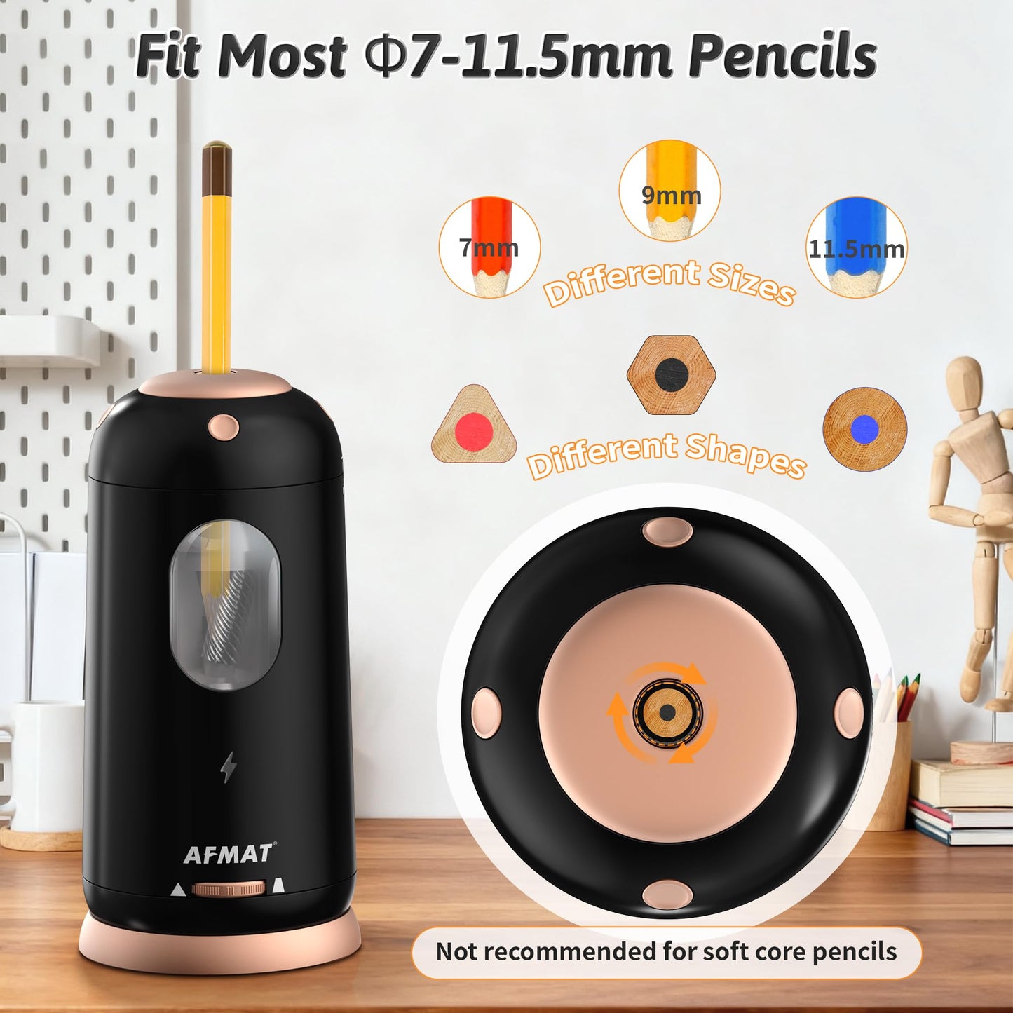 AFMAT Electric Pencil Sharpener, Auto in & Out, Fully Automatic Pencil Sharpener, Rechargeable Hands-Free Sharpeners for Jumbo & Colored Pencils (7-11.5mm), Good for Classroom/Home/Office, Model:PSC8(Black)