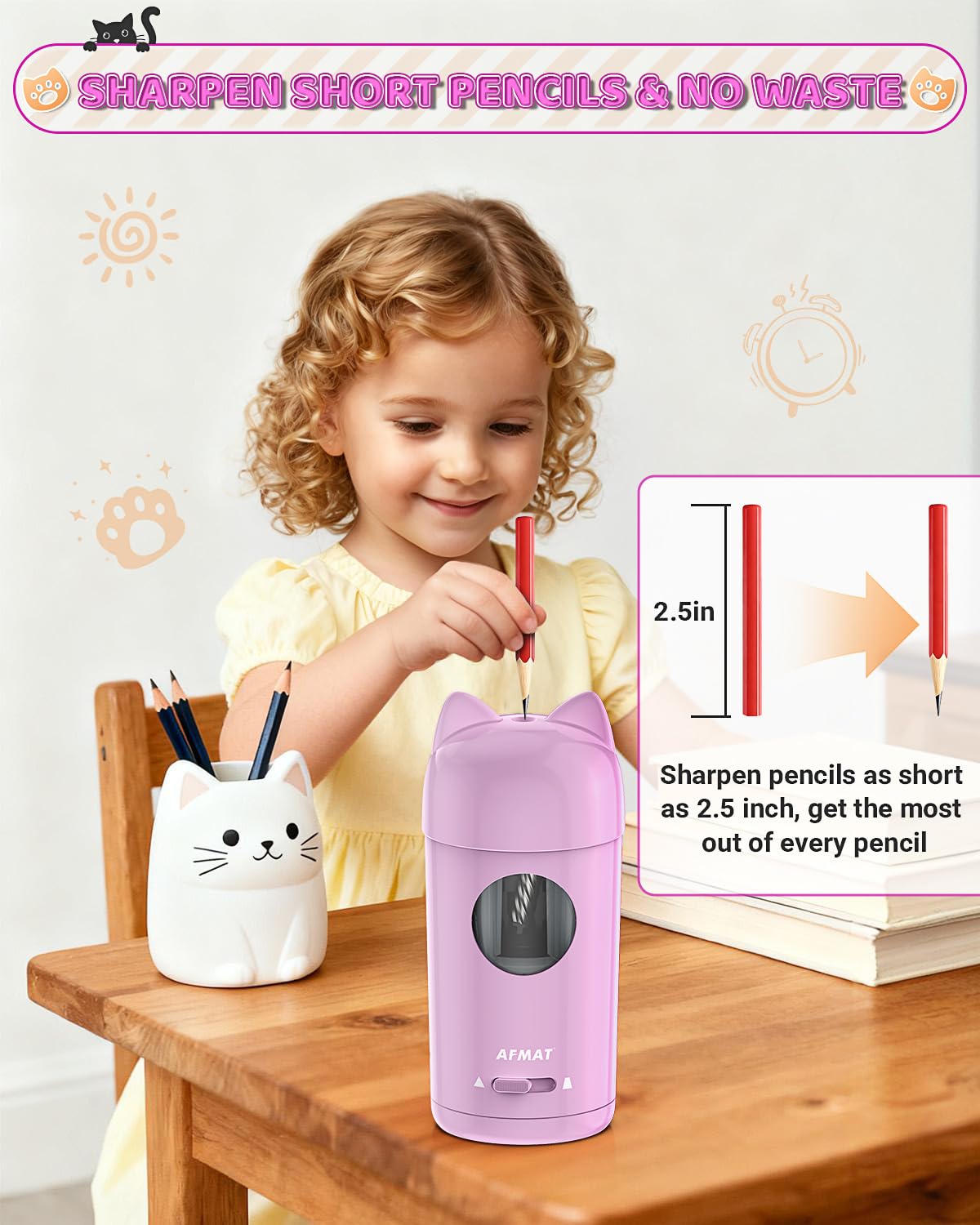 AFMAT PSX9 Cute Cat Electric Fully Automatic Pencil Sharpener for Kids,PSX9PR