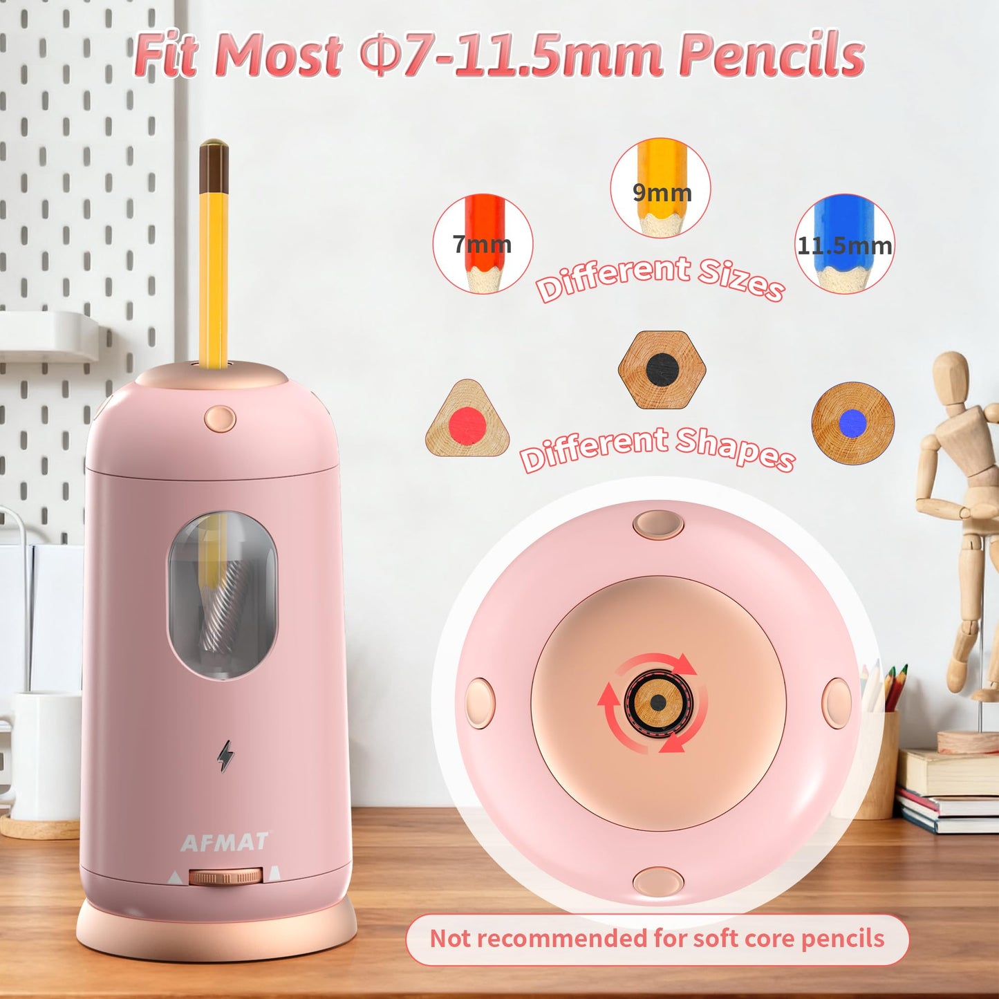 AFMAT Electric Pencil Sharpener, Auto in & Out, Fully Automatic Pencil Sharpener, Rechargeable Hands-Free Sharpeners for Jumbo & Colored Pencils (7-11.5mm), Good for Classroom/Home/Office, Model:PSC8(Black)