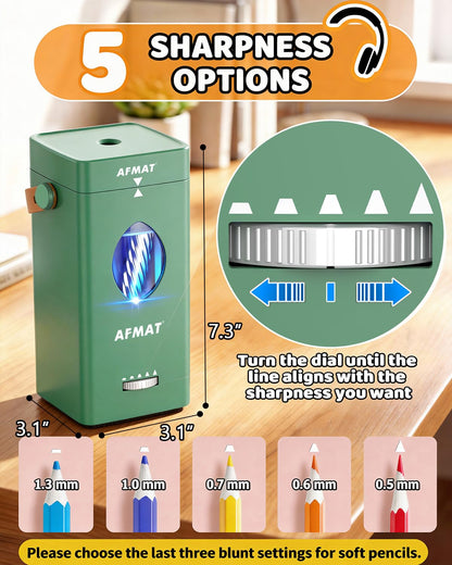 AFMAT Newly Upgraded PSC7 Electric Fully Automatic Pencil Sharpener,3X Longer Cutter Life,for 6-12mm No.2/Jumbo/Colored Pencils Pencils, Auto in & Out, 5 Sharpness Modes, Rechargeable Heavy Duty Sharpeners for Classroom Home Office PSC7RD