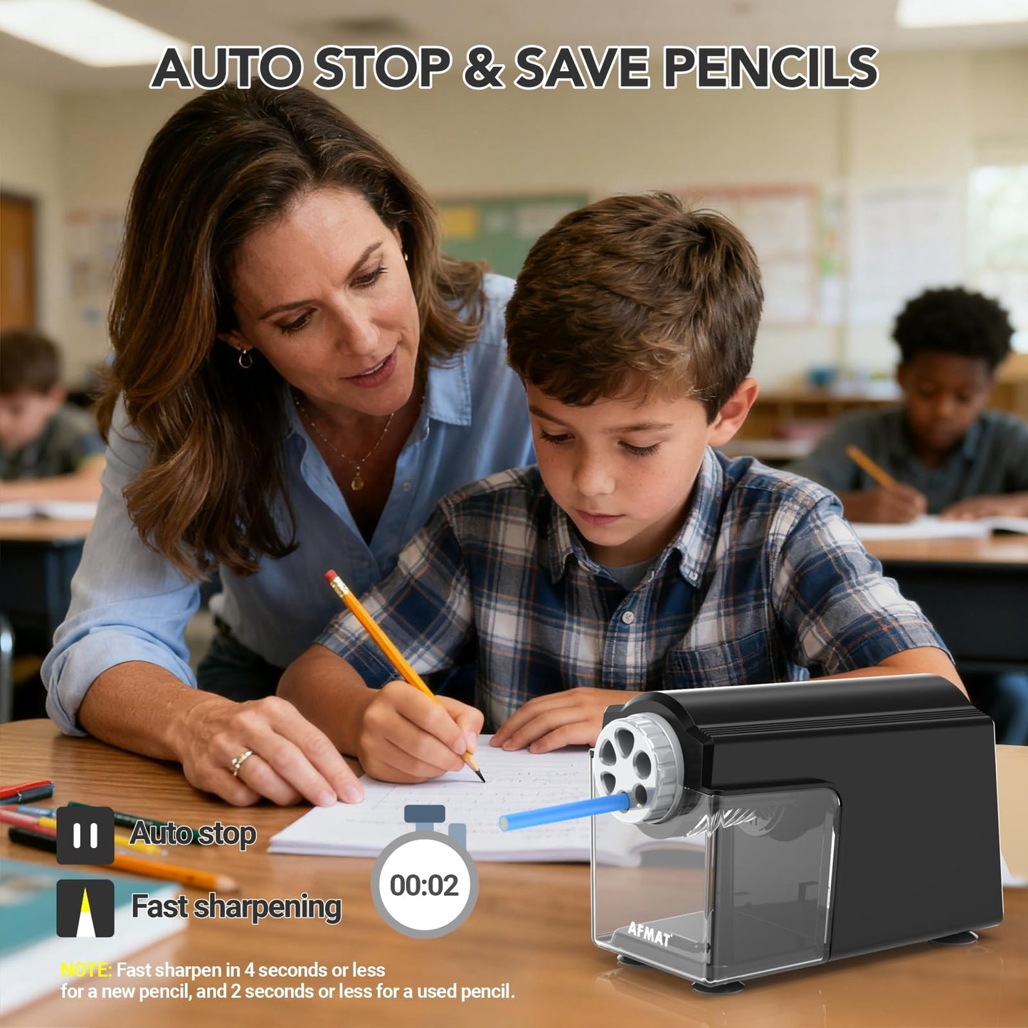 AFMAT Electric Pencil Sharpener Heavy Duty, 6 Holes, Super Fast, Auto Stop & Save Pencils, 10000 Sharpening Times, Rechargeable Classroom Pencil Sharpener for 6-11mm No.2/Large/Colored Pencils, Model:PSD4(Black)