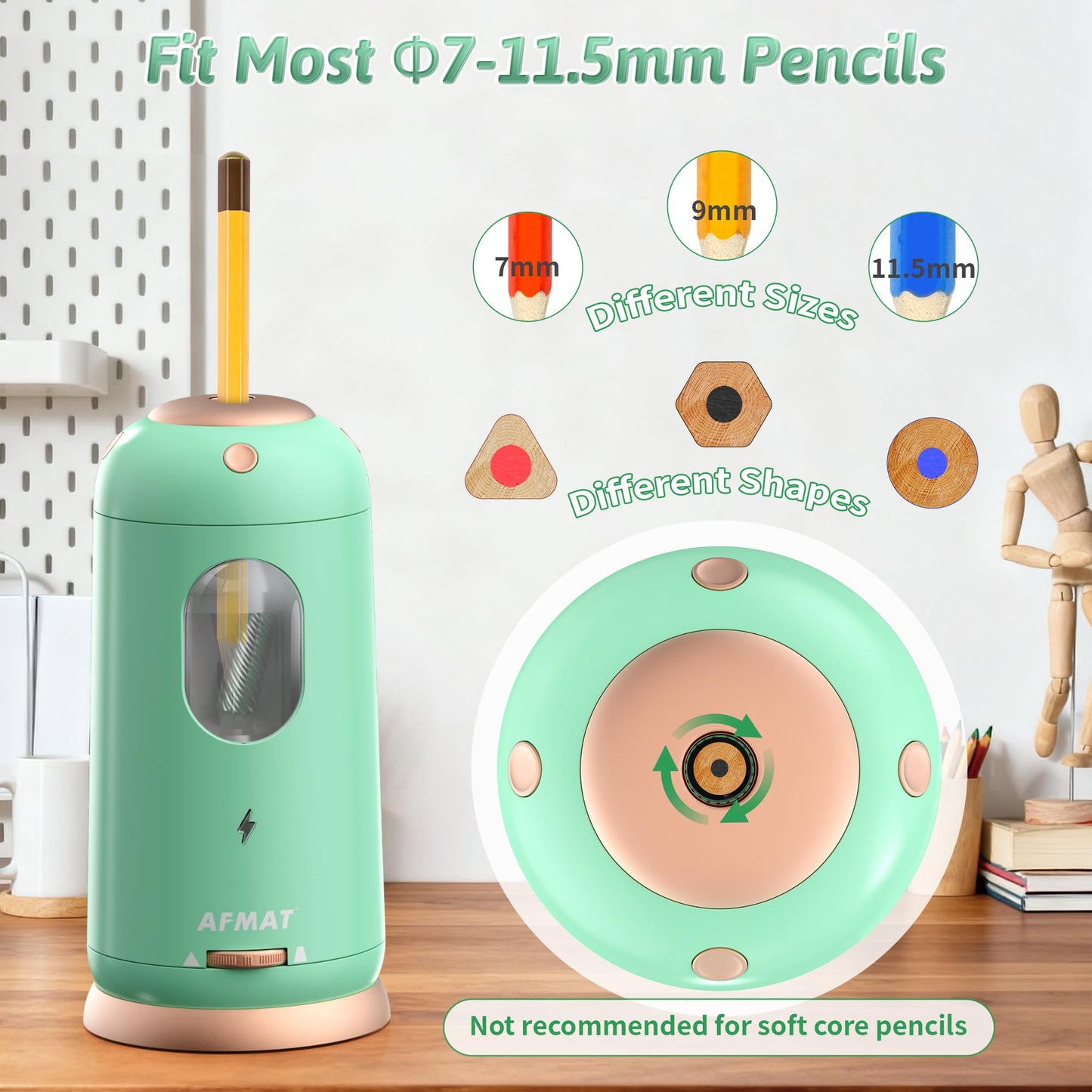 AFMAT Electric Pencil Sharpener, Auto in & Out, Fully Automatic Pencil Sharpener, Rechargeable Hands-Free Sharpeners for Jumbo & Colored Pencils (7-11.5mm), Good for Classroom/Home/Office, Model:PSC8(Black)