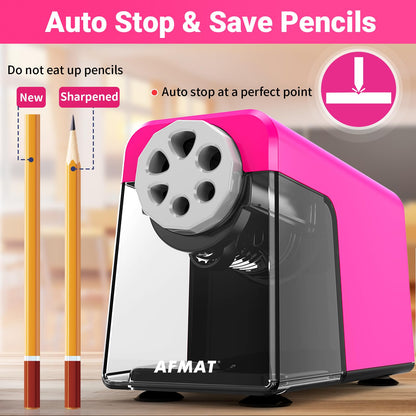 AFMAT 6-Hole Electric Pencil Sharpener Heavy Duty, Auto Stop Classroom Pencil Sharpener for 6-11mm Pencils, Rechargeable Pencil Sharpeners for School, 10,000+ Sharpenings, Save Pencils, Model:PSD1(Purple)