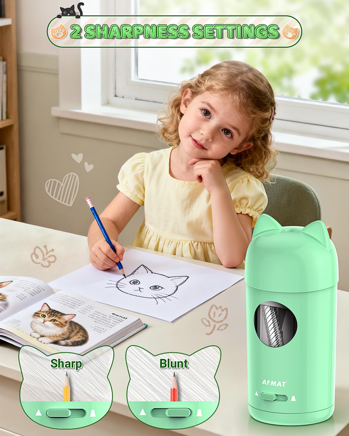 AFMAT PSX9 Cute Cat Electric Fully Automatic Pencil Sharpener for Kids,PSX9PR