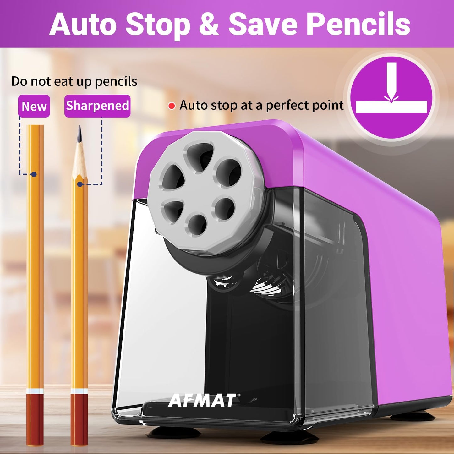 AFMAT 6-Hole Electric Pencil Sharpener Heavy Duty, Auto Stop Classroom Pencil Sharpener for 6-11mm Pencils, Rechargeable Pencil Sharpeners for School, 10,000+ Sharpenings, Save Pencils, Model:PSD1(Purple)