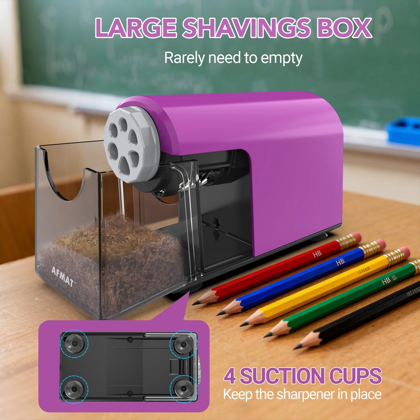 AFMAT 6-Hole Electric Pencil Sharpener Heavy Duty, Fast Sharpen, Auto Stop & Save Pencils, 10000 Sharpening Times, Rechargeable Classroom Pencil Sharpener for 6-11mm No.2/Large/Colored Pencils,Model:PSD2(Purple)