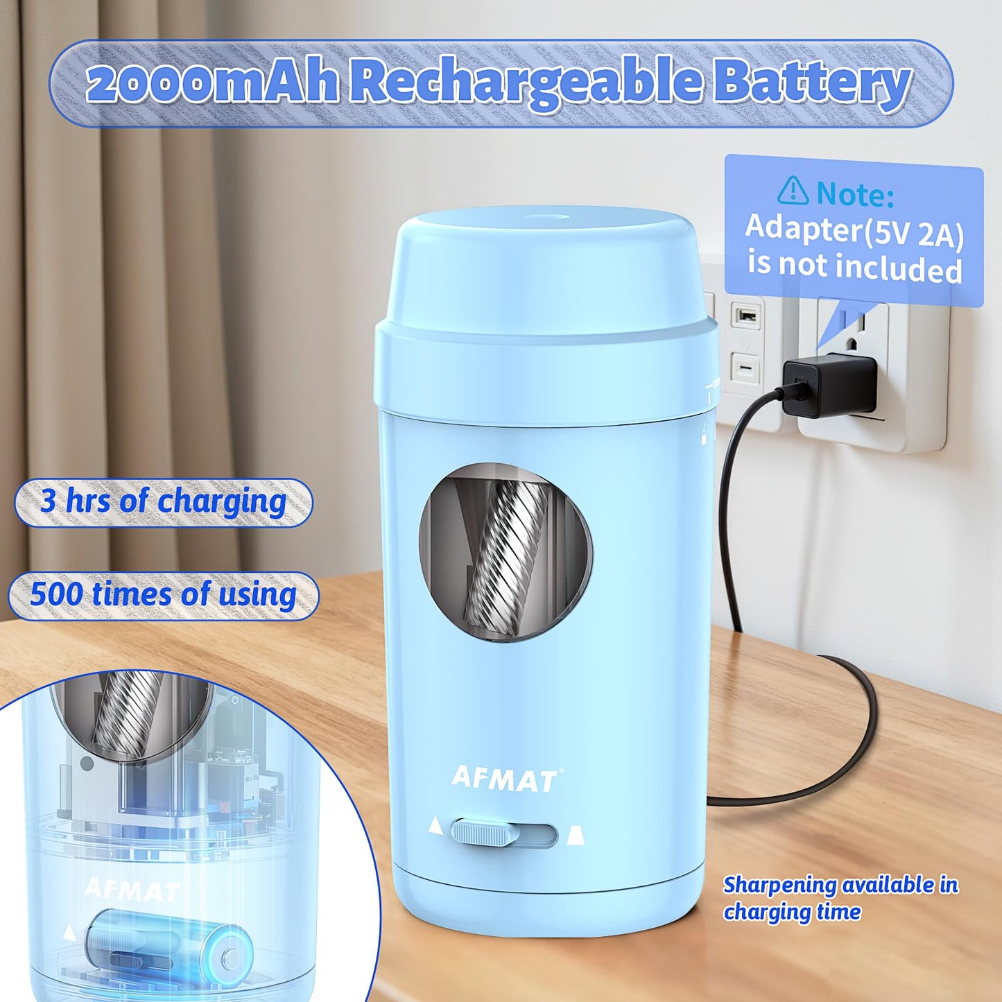 AFMAT Electric Pencil Sharpener, Auto in & Out, Fully Automatic Pencil Sharpener for Colored Pencils, Rechargeable Hands-Free Sharpeners for φ7-8mm Pencils, Good for Classroom/Home PSX8(Black)