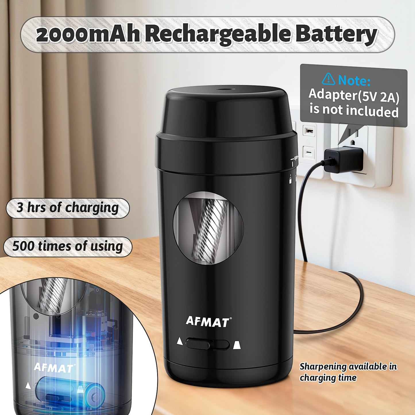 AFMAT Electric Pencil Sharpener, Auto in & Out, Fully Automatic Pencil Sharpener for Colored Pencils, Rechargeable Hands-Free Sharpeners for φ7-8mm Pencils, Good for Classroom/Home PSX8(Black)