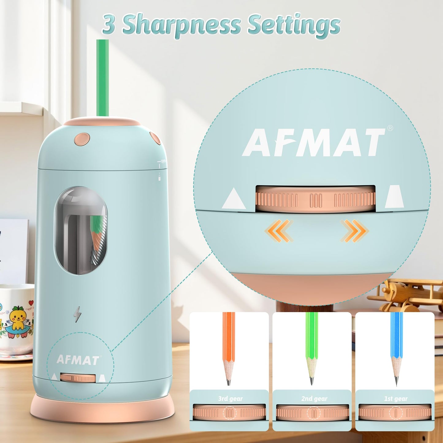 AFMAT Electric Pencil Sharpener, Auto in & Out, Fully Automatic Pencil Sharpener, Rechargeable Hands-Free Sharpeners for Jumbo & Colored Pencils (7-11.5mm), Good for Classroom/Home/Office, Model:PSC8(Black)