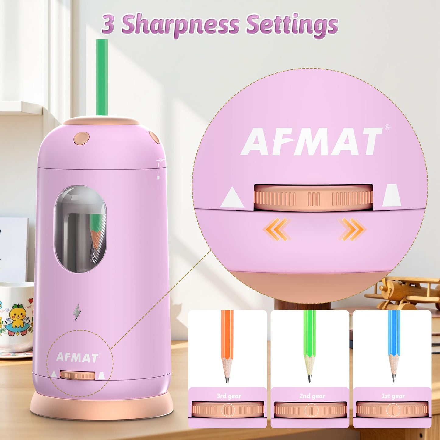 AFMAT Electric Pencil Sharpener, Auto in & Out, Fully Automatic Pencil Sharpener, Rechargeable Hands-Free Sharpeners for Jumbo & Colored Pencils (7-11.5mm), Good for Classroom/Home/Office, Model:PSC8(Black)