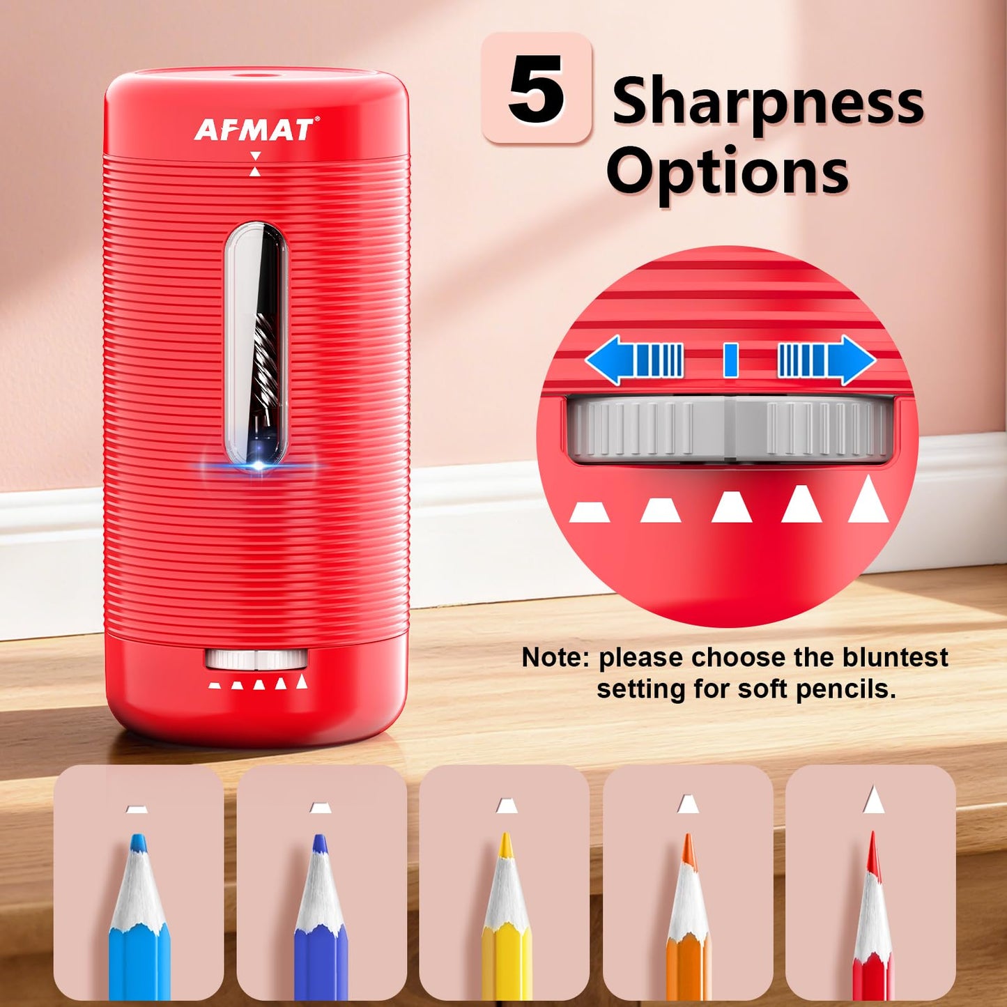 AFMAT PSC2 Electric Fully Automatic Pencil Sharpener, Auto in & Out, Rechargeable Hands-Free Sharpeners for Jumbo & Colored Pencils (6.5-12mm)
