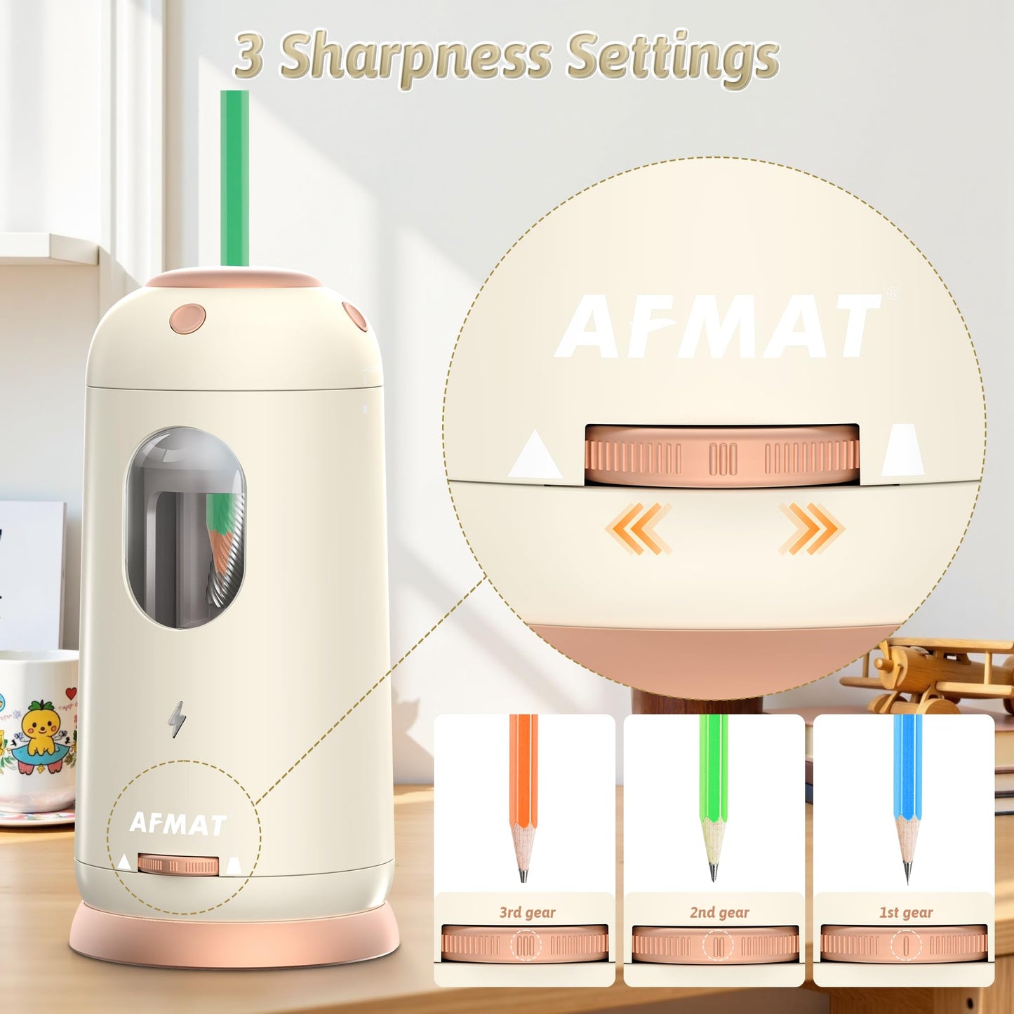 AFMAT Electric Pencil Sharpener, Auto in & Out, Fully Automatic Pencil Sharpener, Rechargeable Hands-Free Sharpeners for Jumbo & Colored Pencils (7-11.5mm), Good for Classroom/Home/Office, Model:PSC8(Black)