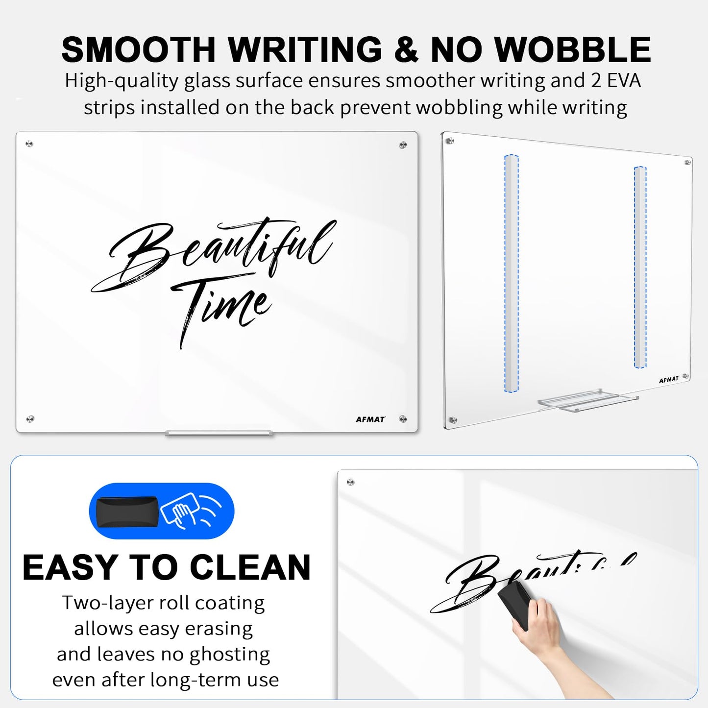 AFMAT Magnetic Glass Whiteboard, 48" x 36" Glass Dry Erase Board, 4mm Tempered Glass w/Strong Magnetic Surface, Large White Board for Wall, Frameless Wall Mounted Black Board for Office Home School,GB04EW1