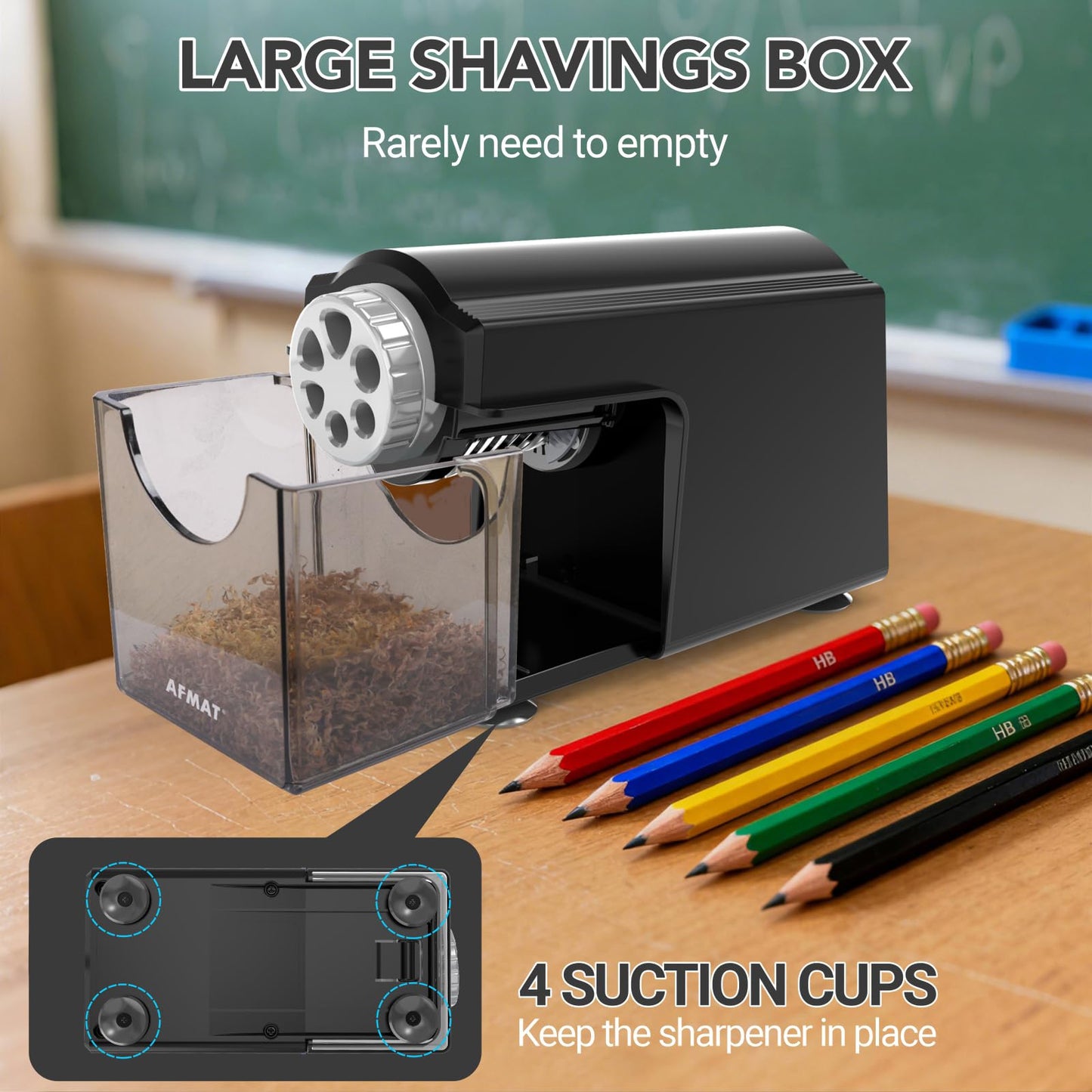 AFMAT Electric Pencil Sharpener Heavy Duty, 6 Holes, Super Fast, Auto Stop & Save Pencils, 10000 Sharpening Times, Rechargeable Classroom Pencil Sharpener for 6-11mm No.2/Large/Colored Pencils, Model:PSD4(Black)