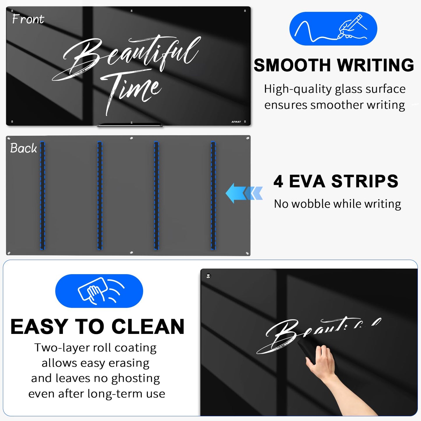 AFMAT Magnetic Glass Whiteboard, 96" x 48" Glass Dry Erase Board,GB04BK4