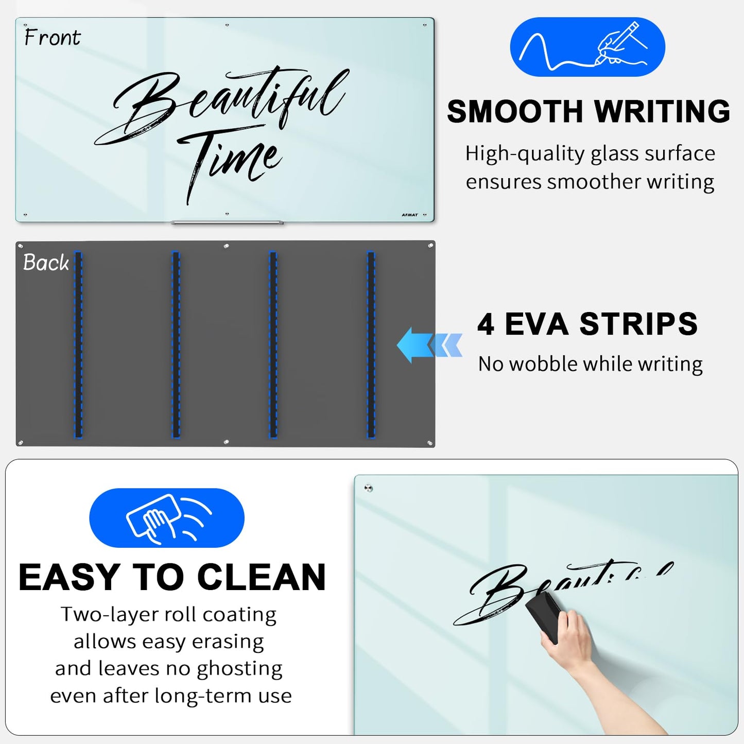 AFMAT Magnetic Glass Whiteboard, 96" x 48" Glass Dry Erase Board, GB04WH4