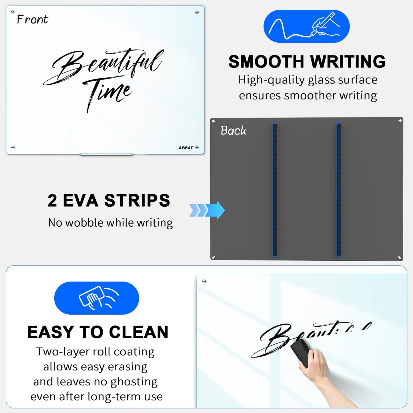 AFMAT Magnetic Glass Whiteboard, 48" x 36" Glass Dry Erase Board, 4mm Tempered Glass w/Strong Magnetic Surface, Large White Board for Wall, Frameless Wall Mounted Black Board for Office Home School,GB04WH1