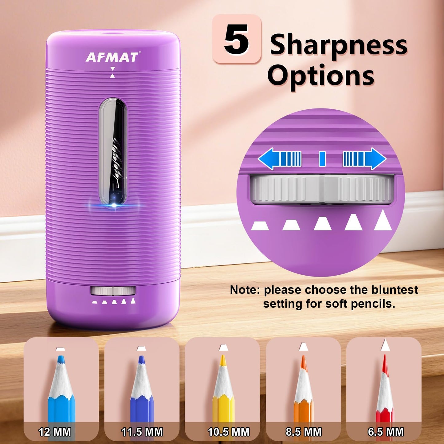 AFMAT PSC2 6.5-12mm Super Durable Fully Automatic Pencil Sharpener,2x more durable blade,for Jumbo & Colored Pencils (6.5-12mm),PSC2BS