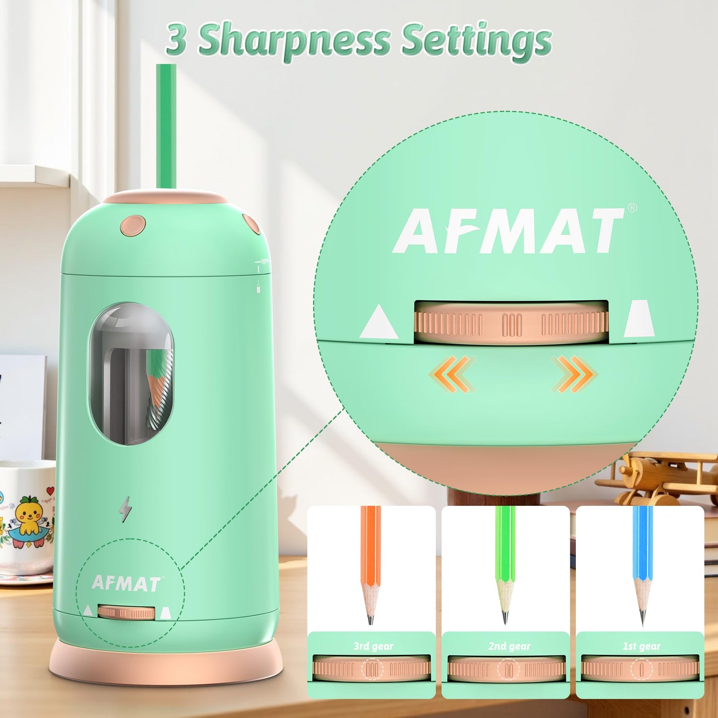 AFMAT Electric Pencil Sharpener, Auto in & Out, Fully Automatic Pencil Sharpener, Rechargeable Hands-Free Sharpeners for Jumbo & Colored Pencils (7-11.5mm), Good for Classroom/Home/Office, Model:PSC8(Black)