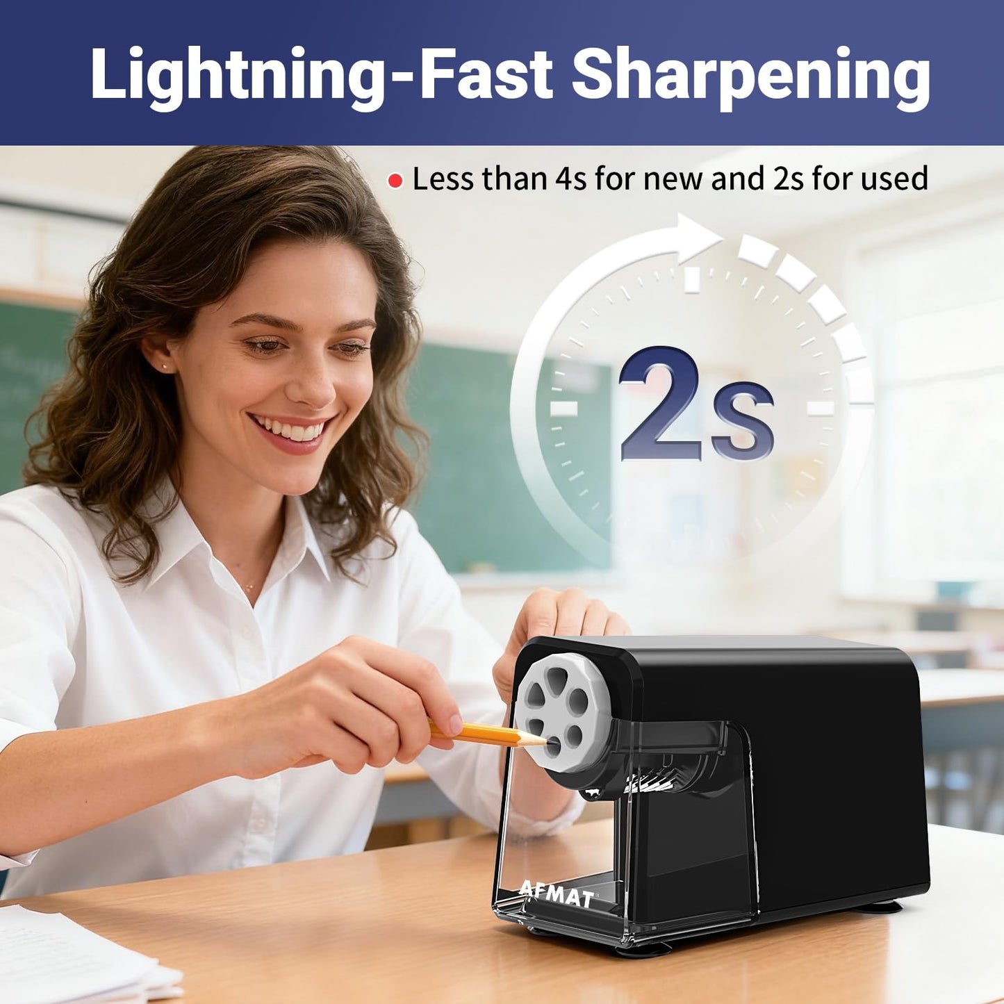 AFMAT 6-Hole Electric Pencil Sharpener Heavy Duty, Auto Stop Classroom Pencil Sharpener for 6-11mm Pencils, Rechargeable Pencil Sharpeners for School, 10,000+ Sharpenings, Save Pencils, Model:PSD1(Purple)