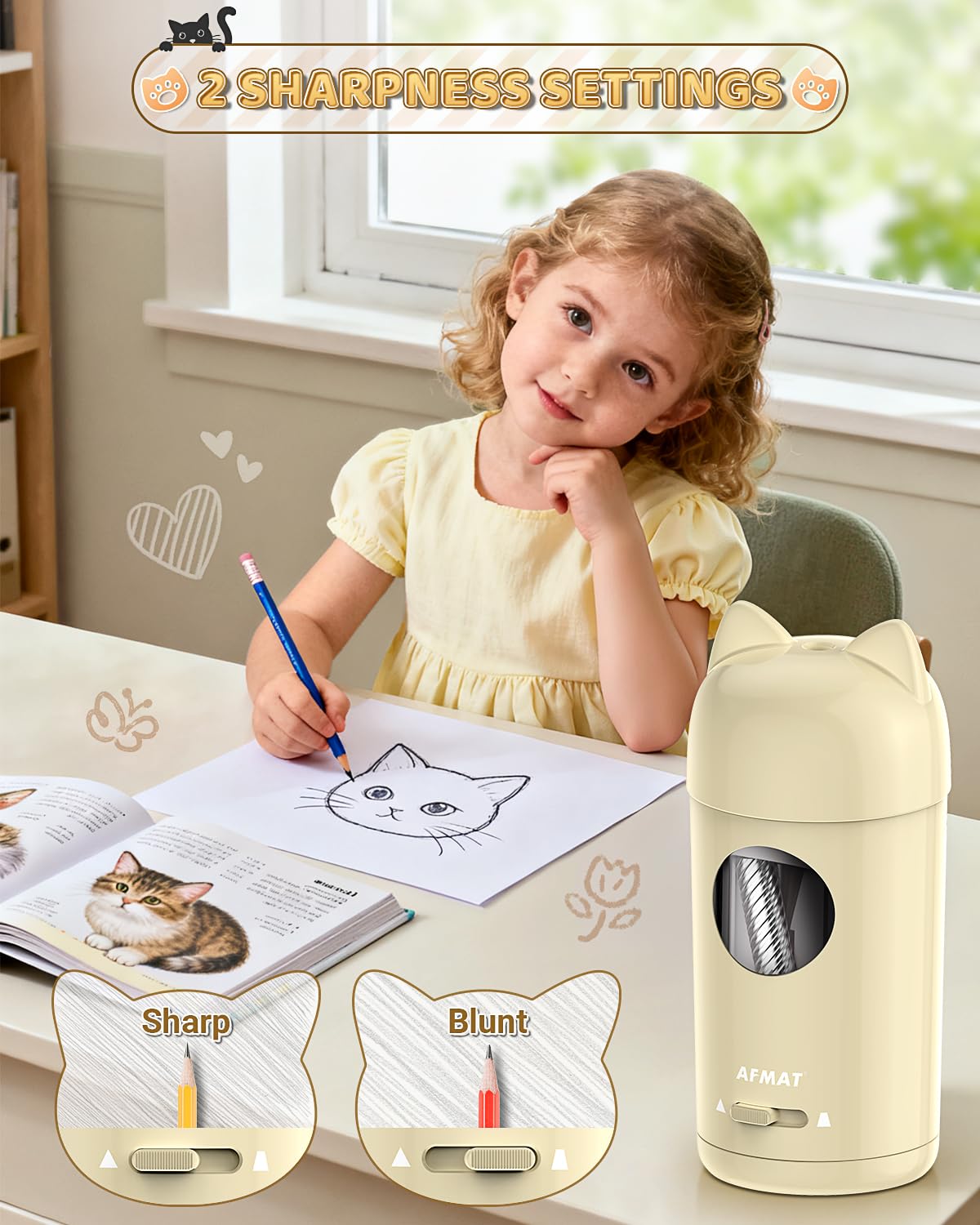 AFMAT PSX9 Cute Cat Electric Fully Automatic Pencil Sharpener for Kids,PSX9PR