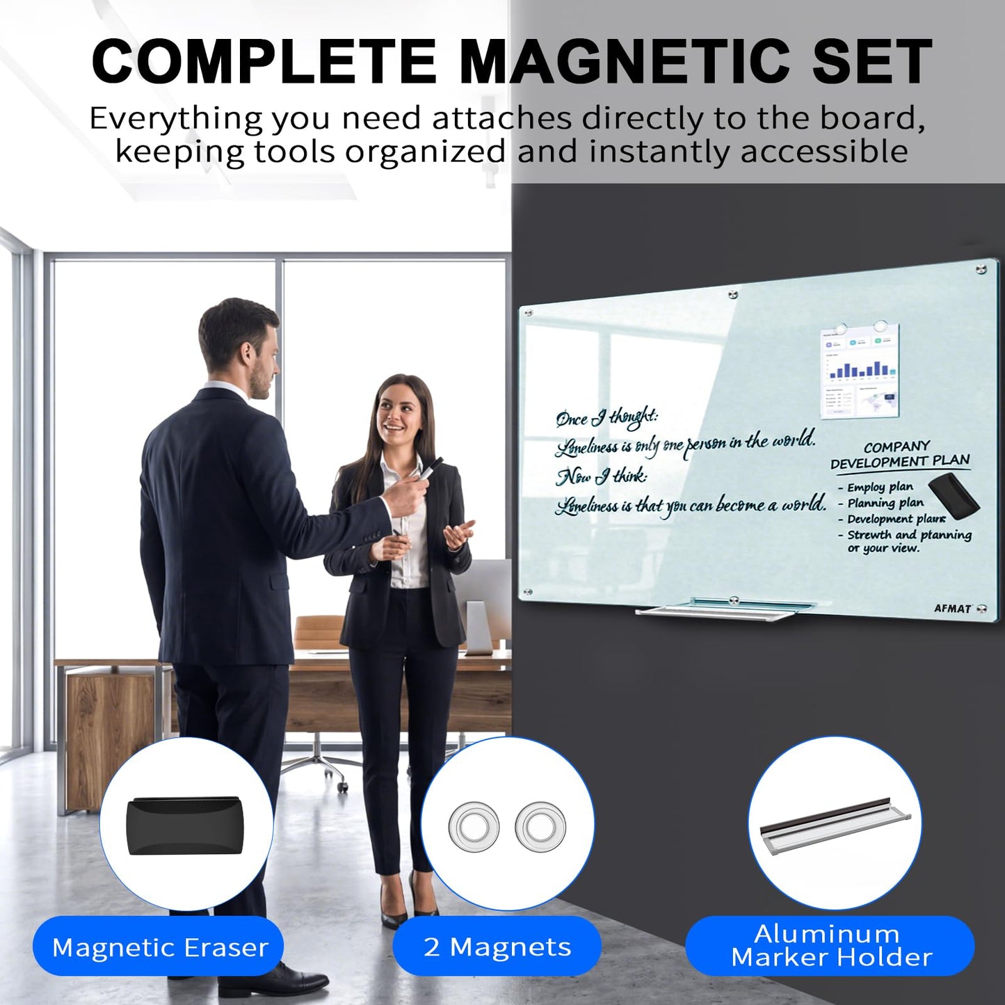 AFMAT Magnetic Glass Whiteboard, 96" x 48" Glass Dry Erase Board, GB04WH4