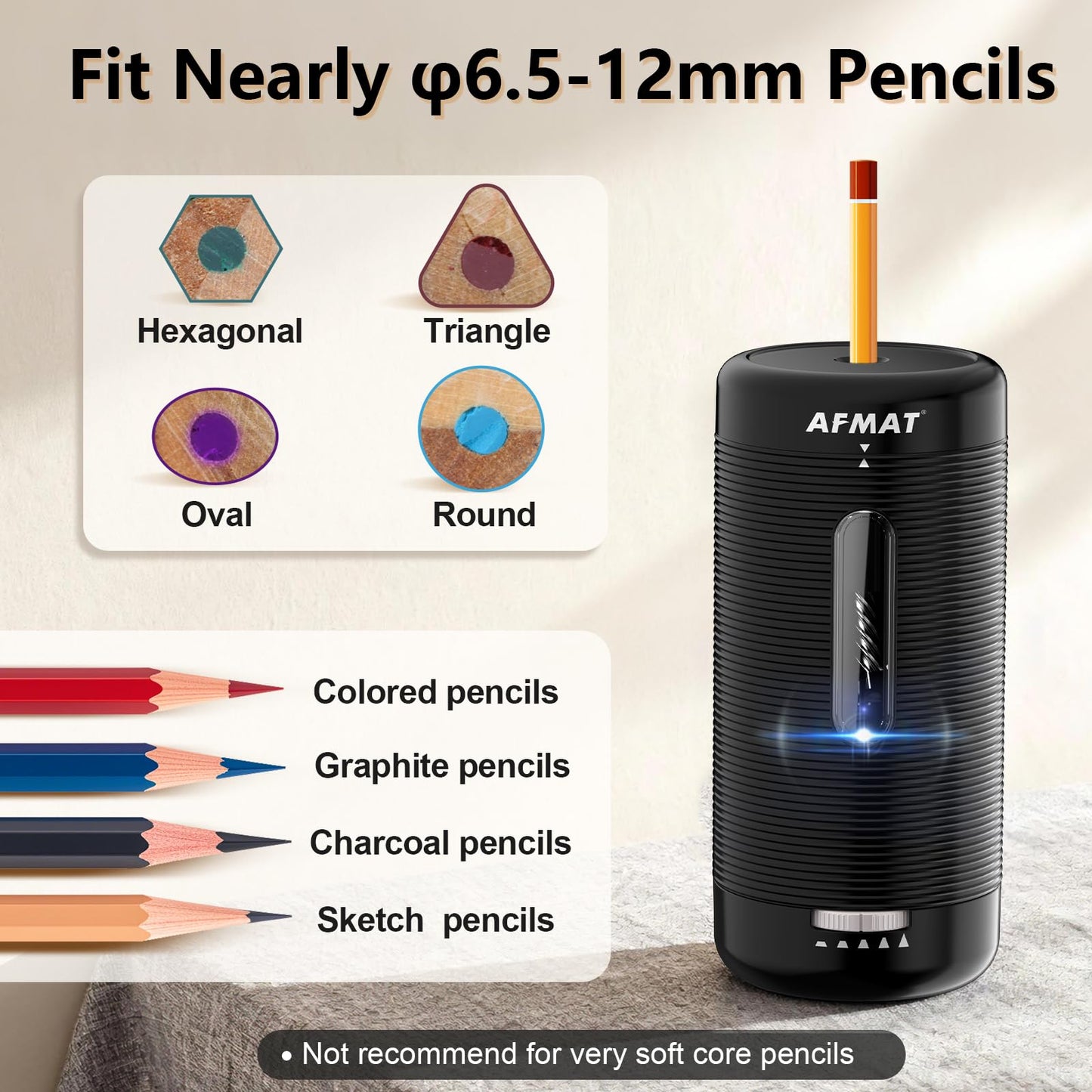 AFMAT PSC2 Electric Fully Automatic Pencil Sharpener, Auto in & Out, Rechargeable Hands-Free Sharpeners for Jumbo & Colored Pencils (6.5-12mm)
