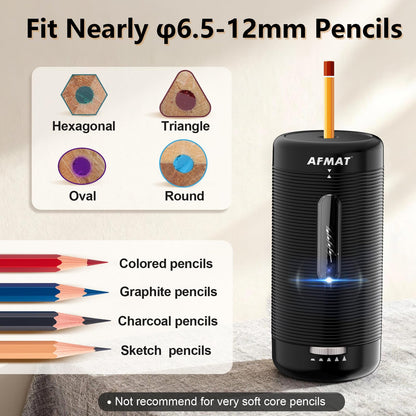 AFMAT PSC2 Electric Fully Automatic Pencil Sharpener, Auto in & Out, Rechargeable Hands-Free Sharpeners for Jumbo & Colored Pencils (6.5-12mm)